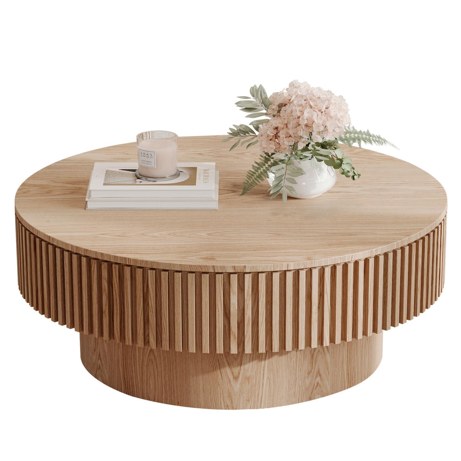 HomVent 31.5'' Round Coffee Table with Storage, Modern Wooden Coffee Table with Solid Wood Veneered, Circle Center Table Accent Tea Table for Living Room, Small Space, Apartment