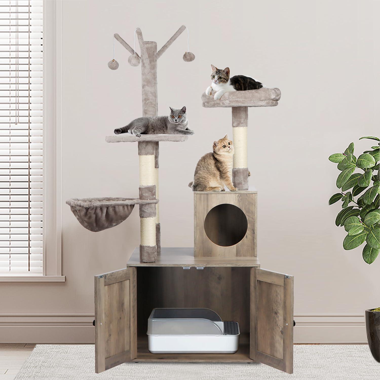 Litter Box Enclosure with Cat Tree, 2-in-1 Cat Tree Tower, Hidden Cat Litter Box Furniture with Scratching Post, Modern Cat Condo, Grey