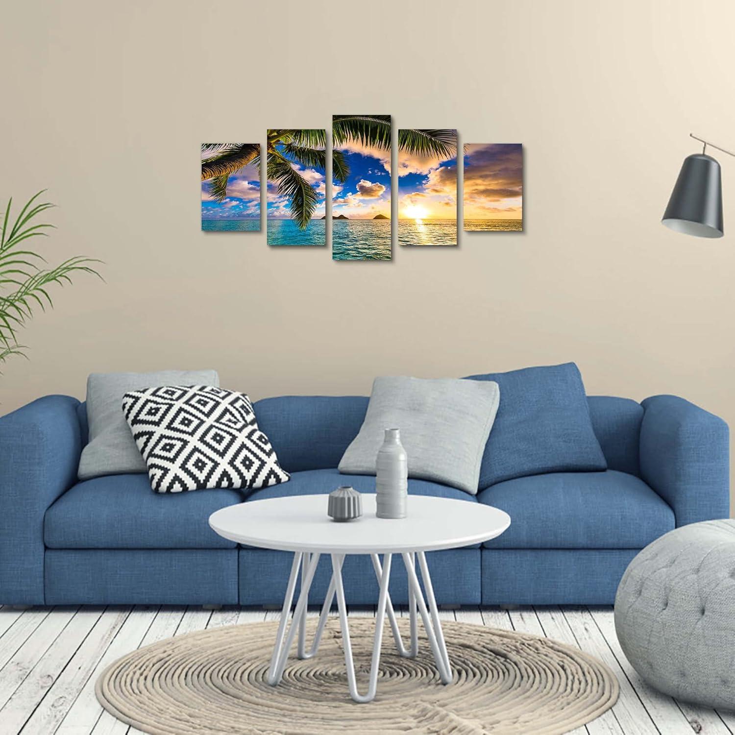 Modern 5 Piece Framed Giclee Canvas Prints - Blue Beach Landscape Blue Paintings on Canvas Wall Art Canvas Print Frame Picture Painting (B-5pcs,40"x20")