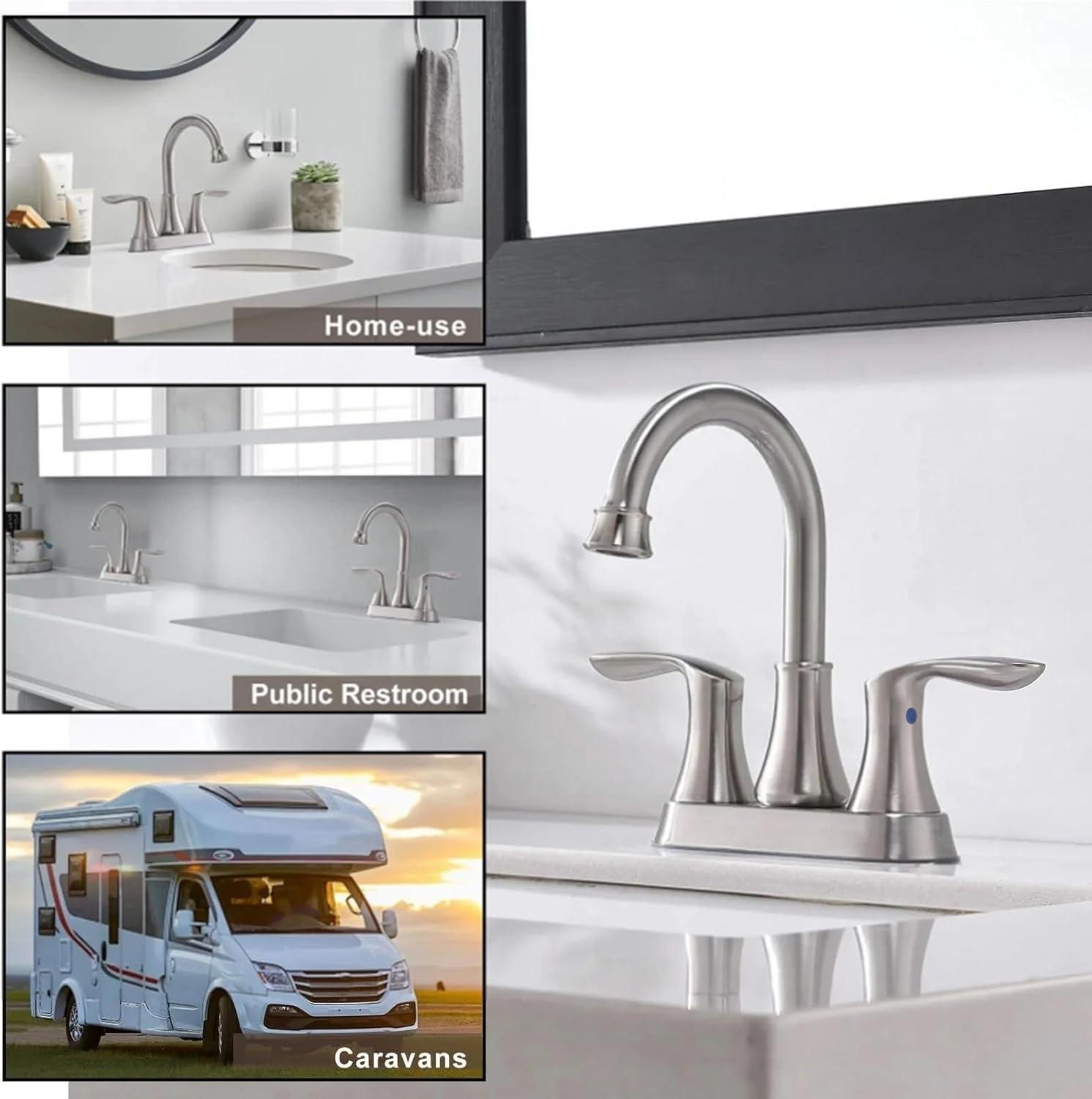 Brushed Nickel Bathroom Faucet, 2-Handle Lead-Free 360° Swivel High-Arc Spout 4 Inch Centerset Bath Lavatory Vanity Sink Faucets Set for Sinks with Drain & Water Hoses, VABM80008L