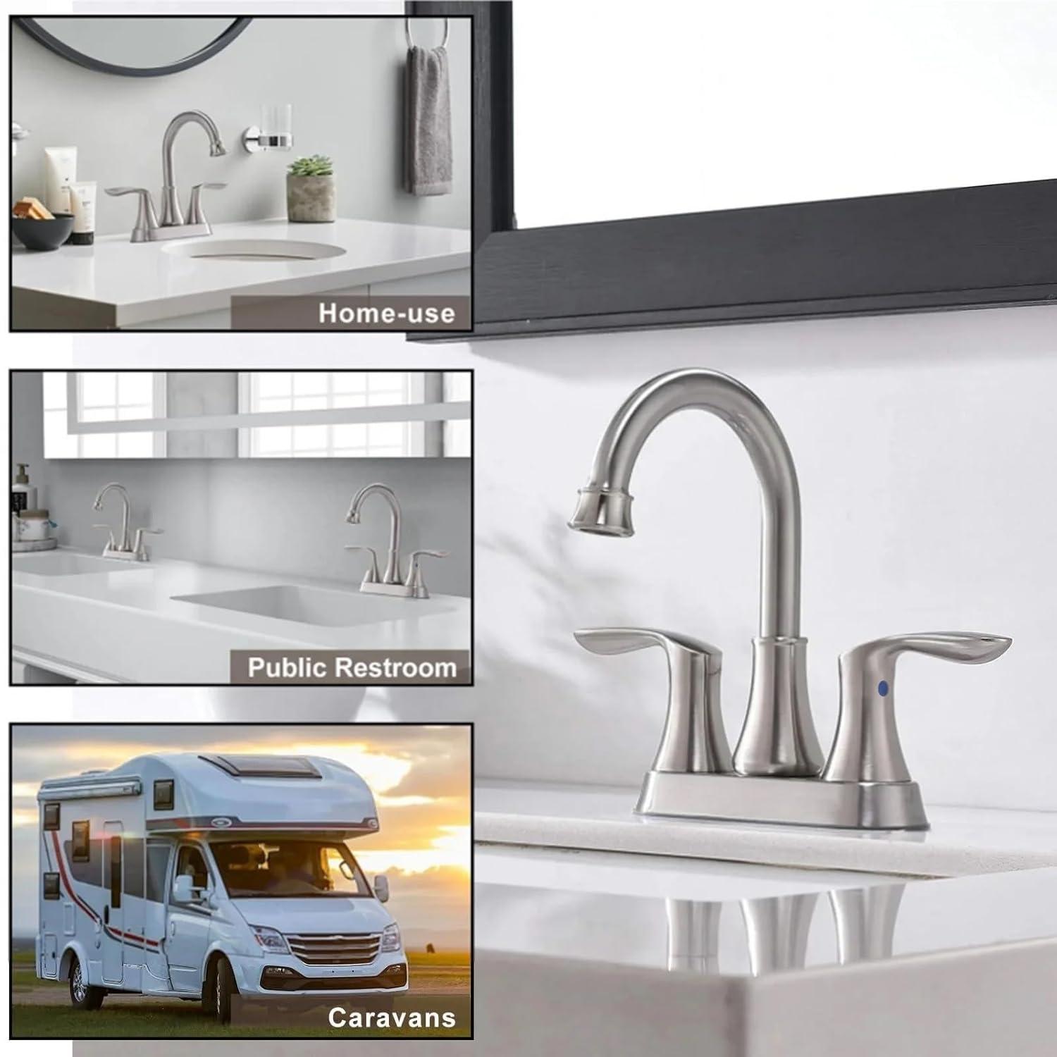 Brushed Nickel Bathroom Faucet, 2-Handle Lead-Free 360° Swivel High-Arc Spout 4 Inch Centerset Bath Lavatory Vanity Sink Faucets Set for Sinks with Drain & Water Hoses, VABM80008L