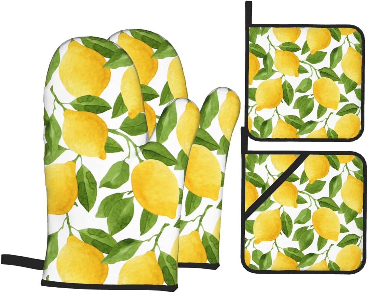 Lemon Print Yellow Cotton Oven Mitts and Pot Holders Set