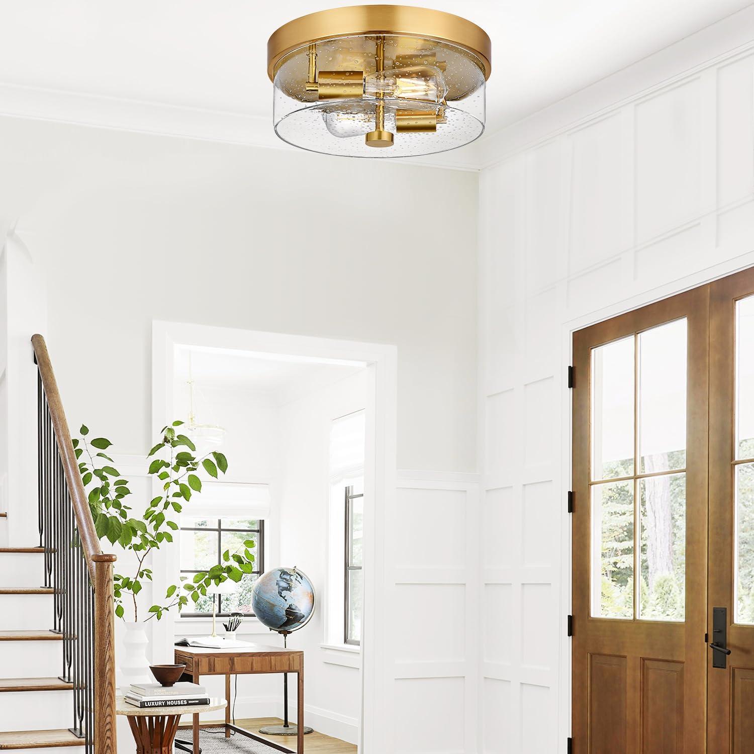 Flush Mount Ceiling Light Fixtures, 2-Light Brass Ceiling Mount for Farmhouse with Seeded Glass Lampshade, Industrial Hall Flush Mount Light Fixture for Hallway, Kitchen, Entryway, Bedroom and Foyer