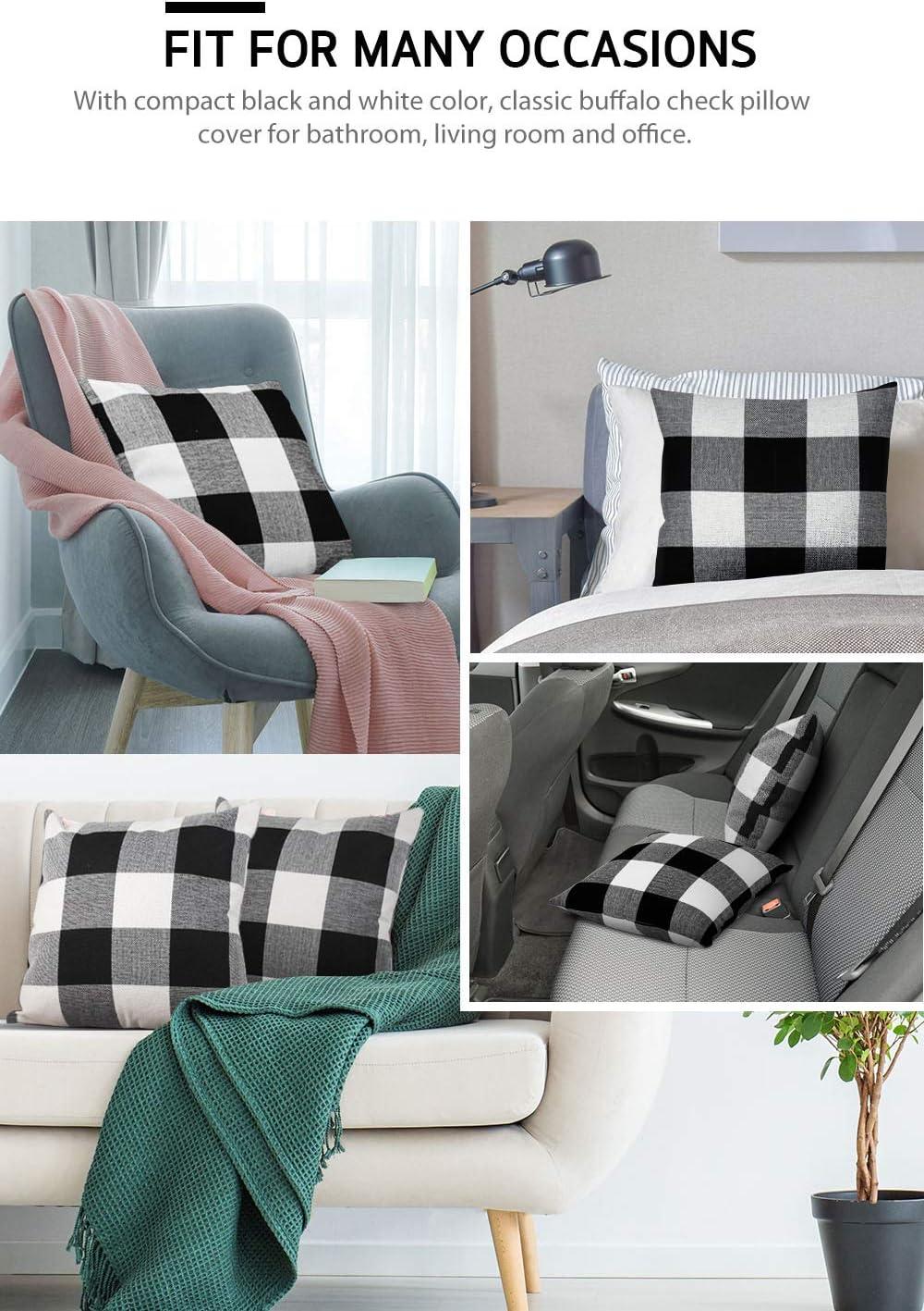 Syntus Set of 2 Buffalo Check Throw Pillow Covers Farmhouse Outdoor Plaid Square Pillow Cushion Case Black and White Polyester Linen for Christmas Thanksgiving Decor Car Bed Sofa, 18 x 18 inches