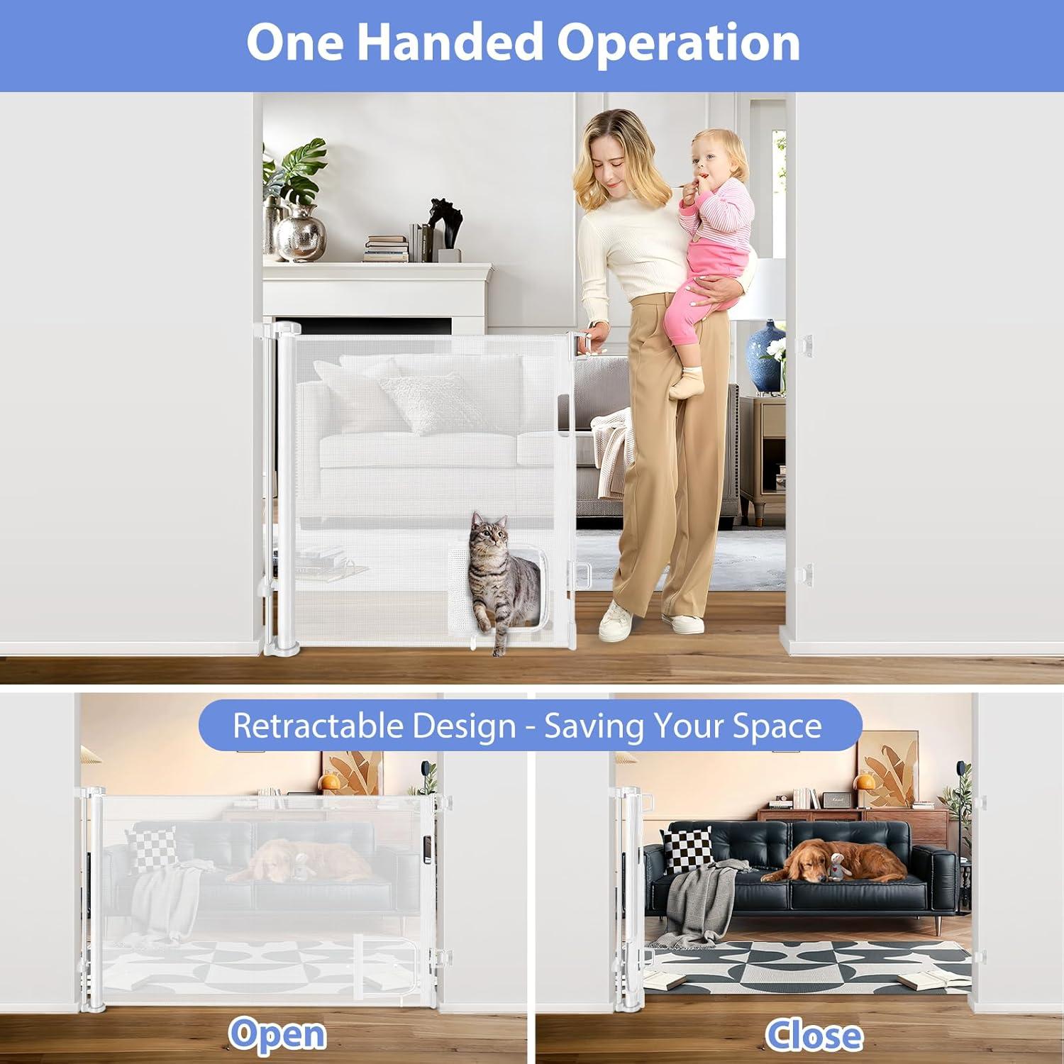 Retractable Baby Gate with Pet Door 55" Wide Retractable Dog Gate with Door Doorway Gate with Cat Door Child Gate with Cat Door Toddler Gate Outdoor Gates for Decks Mesh Baby Gate for Stairs Pet Gate