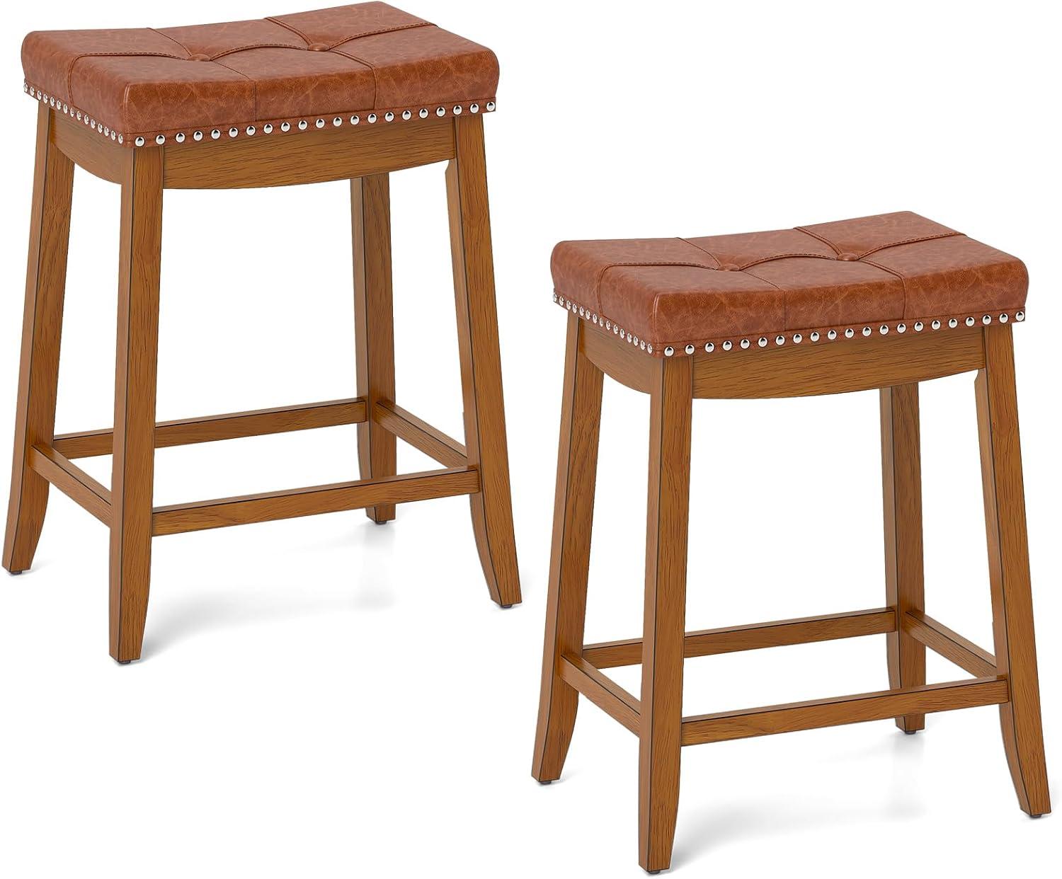 Topcobe 25/29 Inch Set of 2 Upholstered PU Leather Bar Stools with Saddle Seat, Modern Furniture for Indoor-25 inches