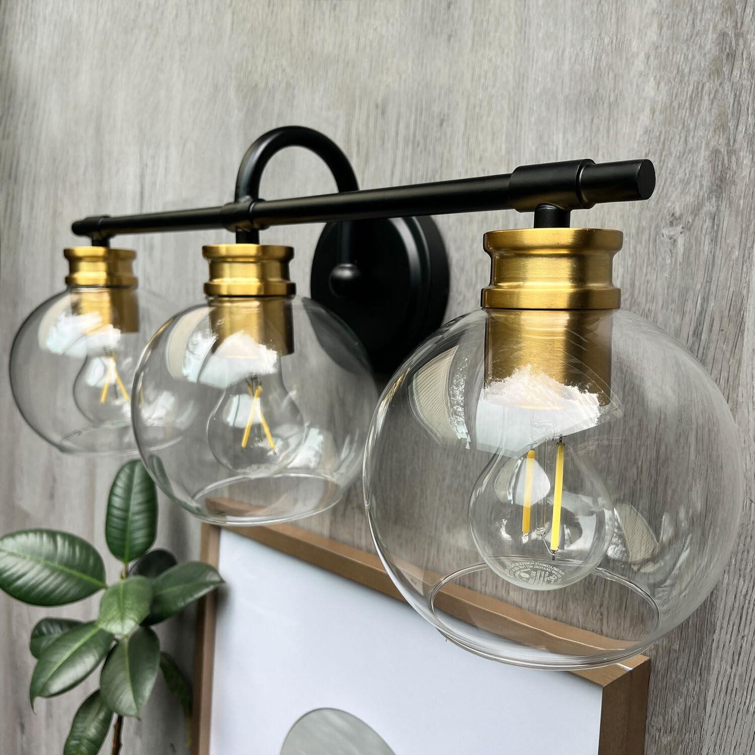 Black and Brushed Brass 3-Light Vanity Bar with Clear Glass Shades