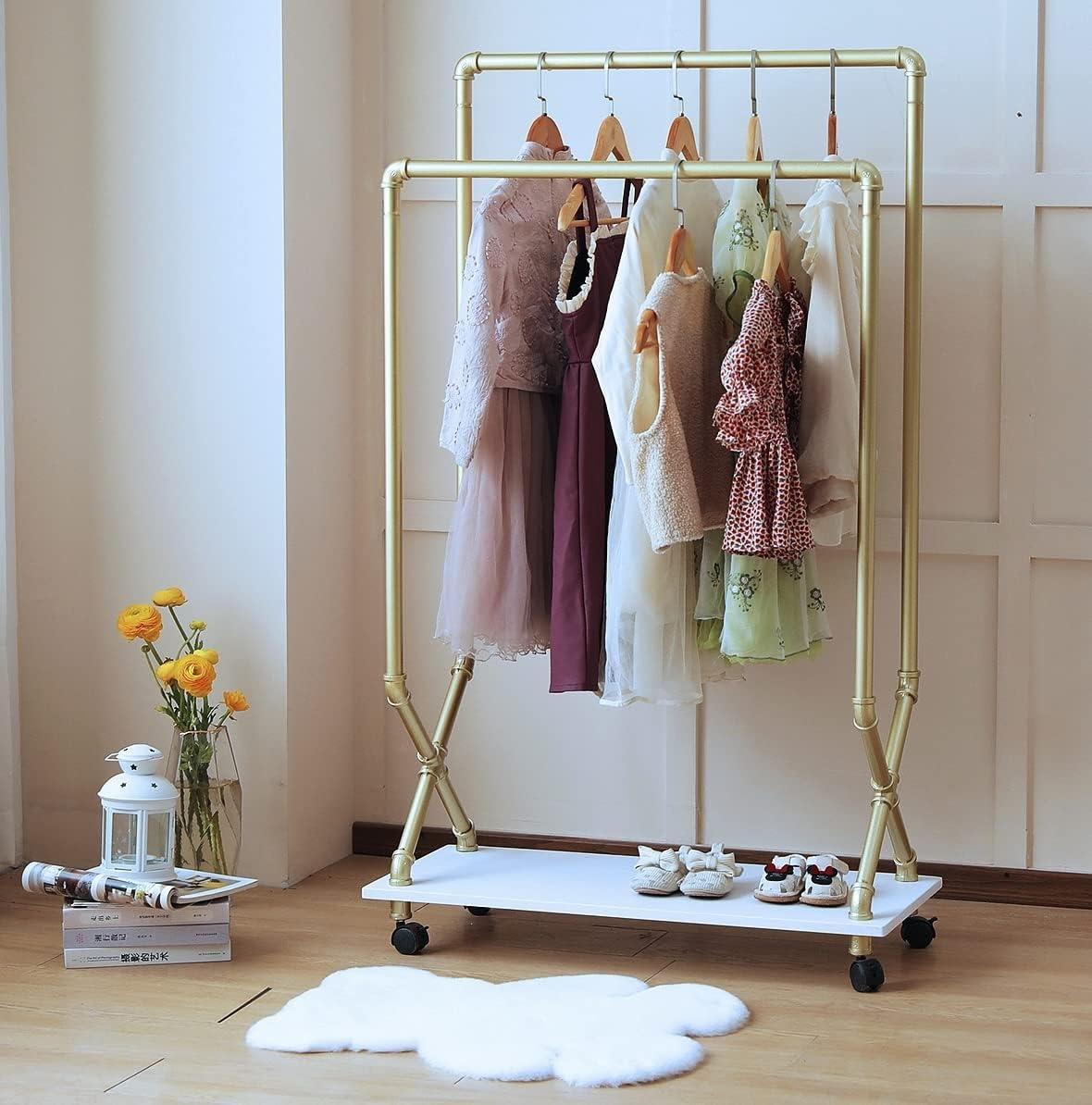 Gold and White Kids Garment Rack with Wood Shelf