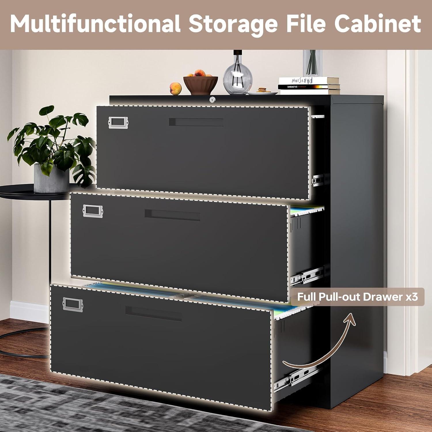 3 Drawer File Cabinet with Lock,Under Desk File Cabinet with Wheels,Black Rolling File Cabinet,Three Drawer Metal Filing Cabinet for Home Office,Fit A4/Letter/Legal File,Fully Assembled Except Casters