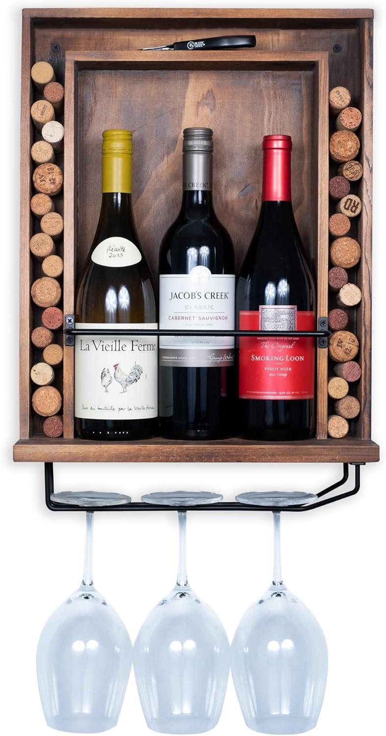 Rustic State 3 Bottle Solid Wood Wall Mounted Wine Bottle & Glass Rack in Dark Brown | Wayfair