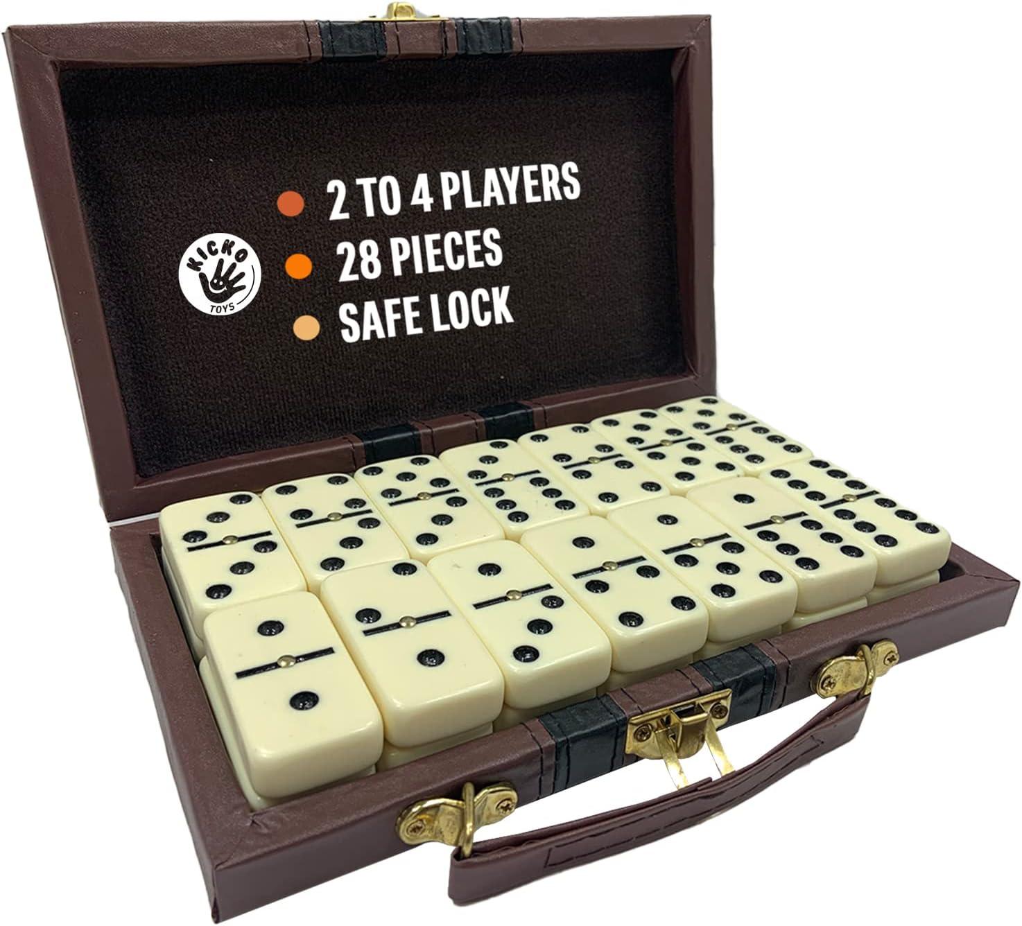 Leyeet Premium Classic Domino Set - Jumbo - Double Six - 28 Thick Pieces in Durable Wooden Vegan Leather Box for Boys, Girls, Adults, Kids Party Favors and Game Night Use - Up to 2-4 Players