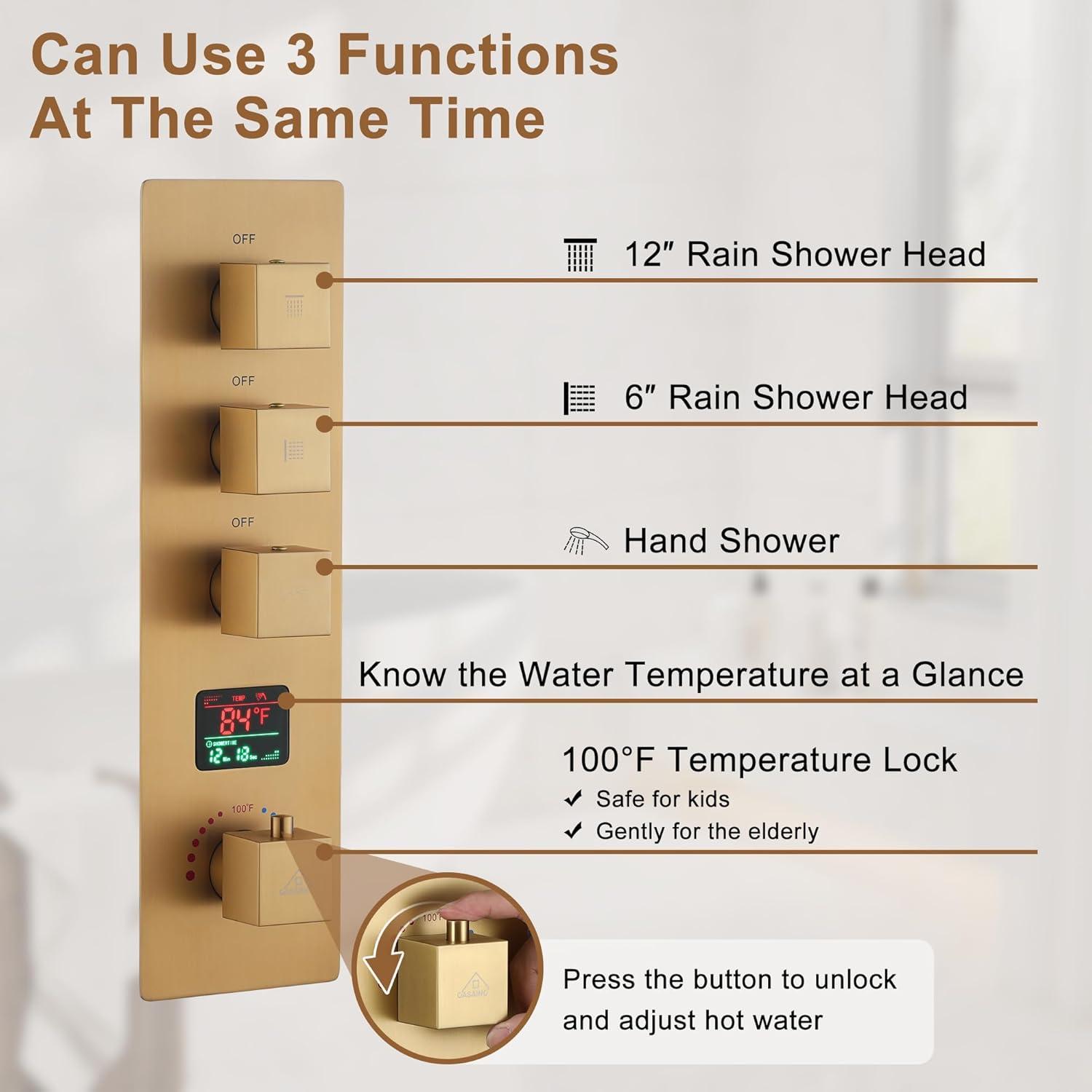 Rodeo 27.5-Inch LED&Music Rainfall Thermostatic Shower System with Slide Bar and 2-in-1 Handheld