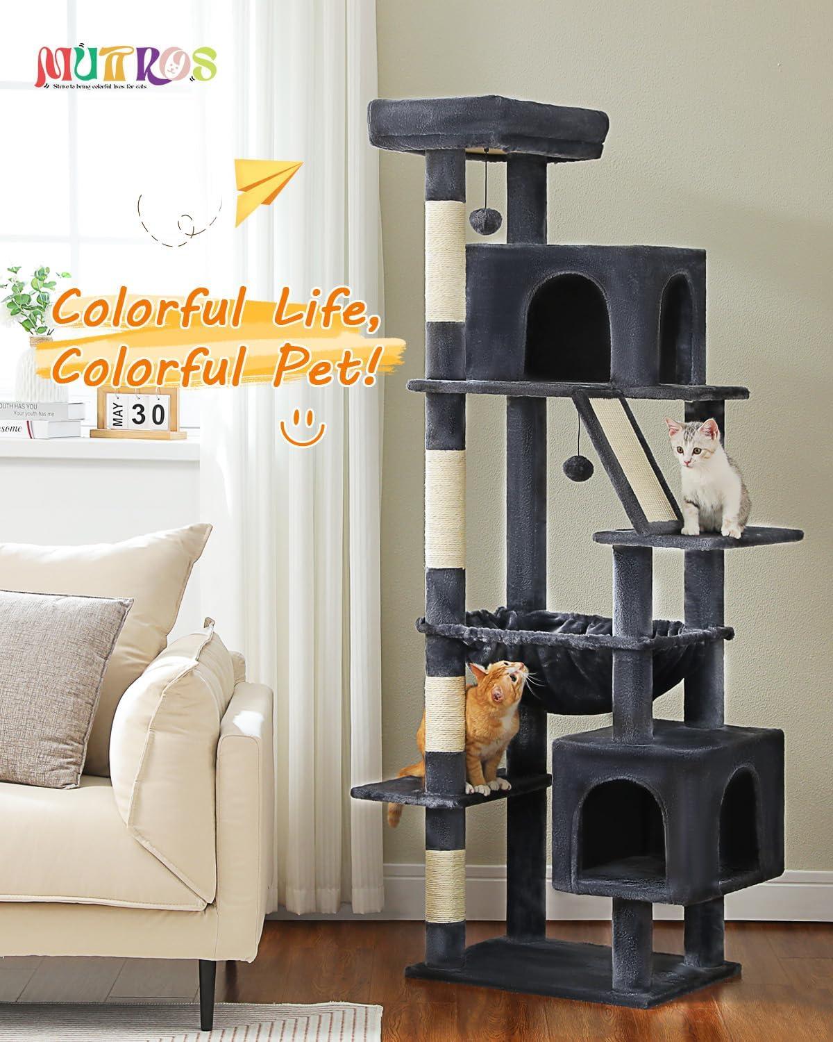 Cat Tree For Large Cats, 71" Tall Cat Tower, Large Cat Tree For Indoor Cats, Multi-Level Cat House Furniture With 2 Big Condo Pad Bed, Cozy Hammock And Sisal Scratching Posts