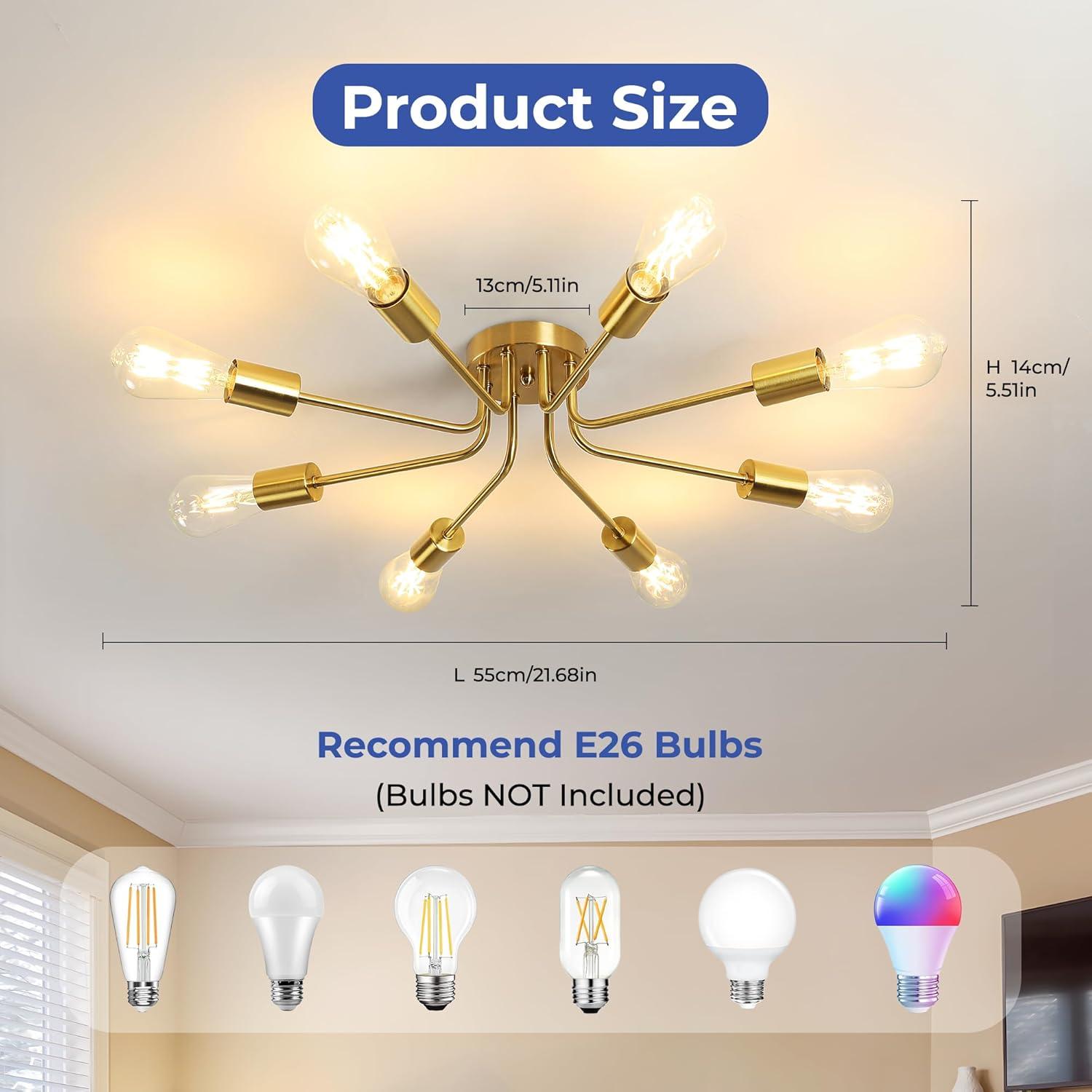 Gold Metal 8-Light Sputnik Semi Flush Mount Ceiling Light