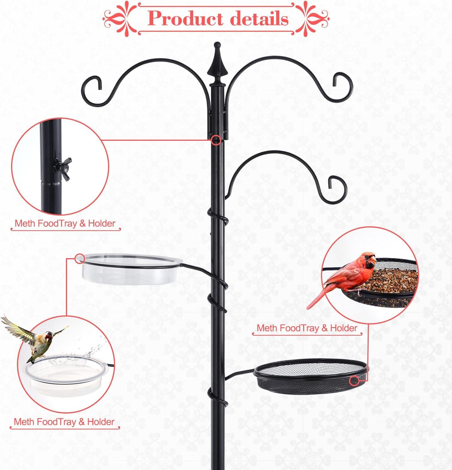 Bird Feeding Station Kit - 77" Bird Feeder Pole with 5 Prong Base, Wild Bird Feeder Stand for Outdoors Hanging Bird Feeders - Black