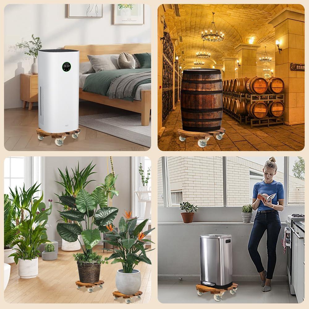 BUSATIA 2pack 12" Plant Caddy Plant Stand with Wheels,Rolling Plant Stand Heavy Duty Wooden Round Plant Dolly Rollers with 360°Metal Lockable Casters Indoor Outdoor Pot Plant Roller Base Caddies