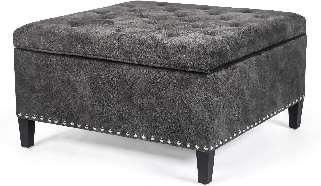 Adeco Large Square Footstool Fabric Ottoman with Storage Footstool, Dark Gray