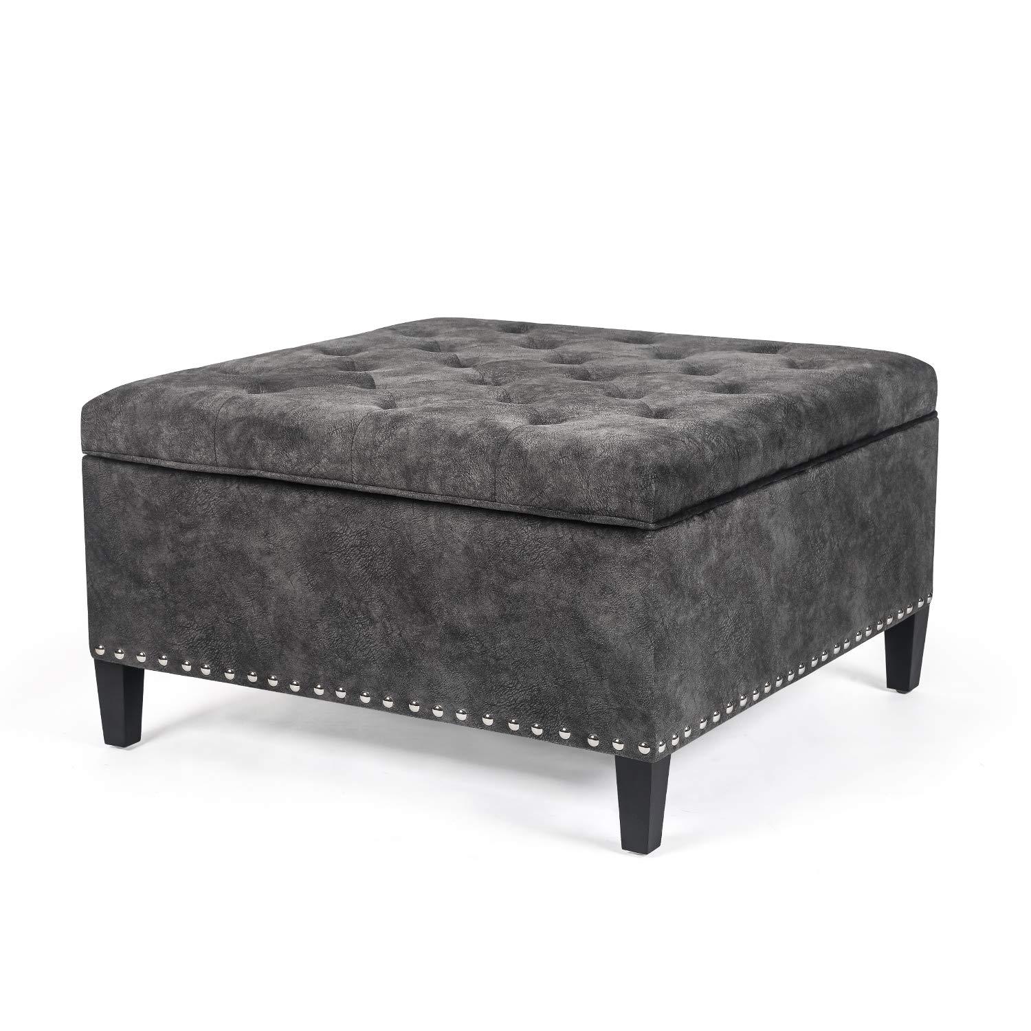 Adeco Large Square Footstool Fabric Ottoman with Storage Footstool, Dark Gray