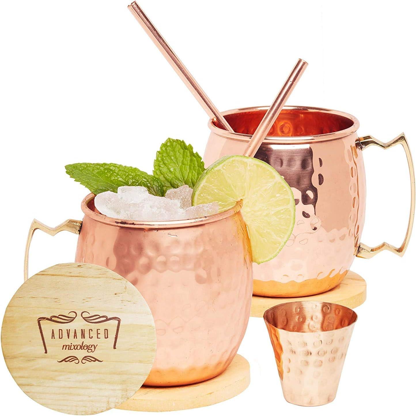 Advanced Mixology Moscow Mule Copper Mugs - Set of 2 - 100% HANDCRAFTED - Pure Solid Copper Mugs 16 oz Gift Set with BONUS: Artisan Wooden Coasters, Cocktail Copper Straws, and Shot Glass!