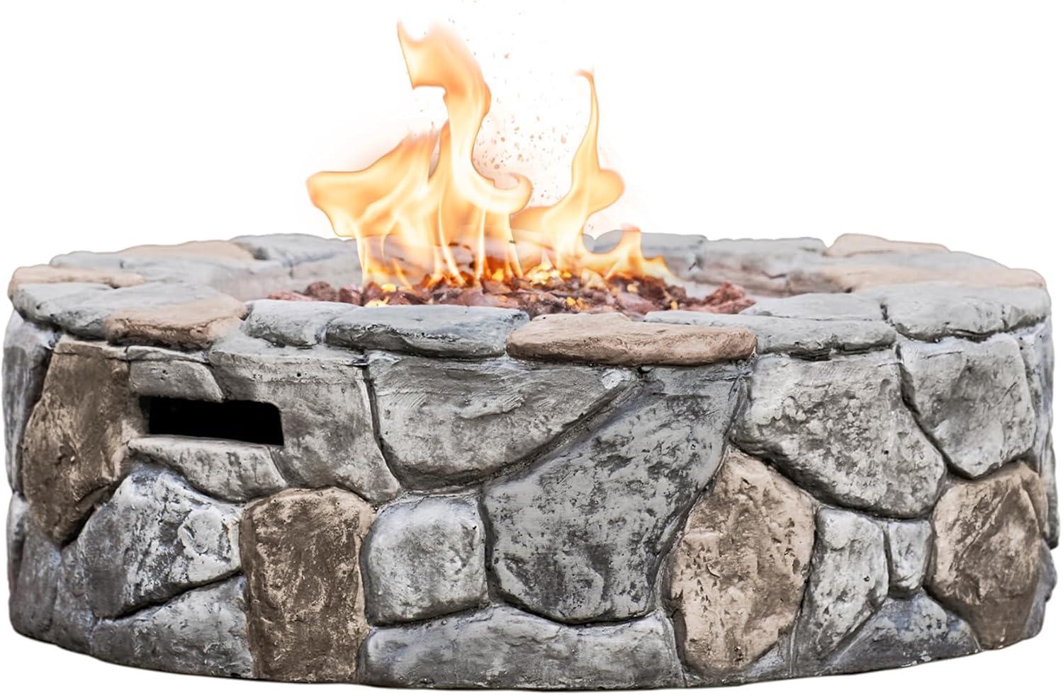 Gray 28" Round Stone Propane Gas Fire Pit