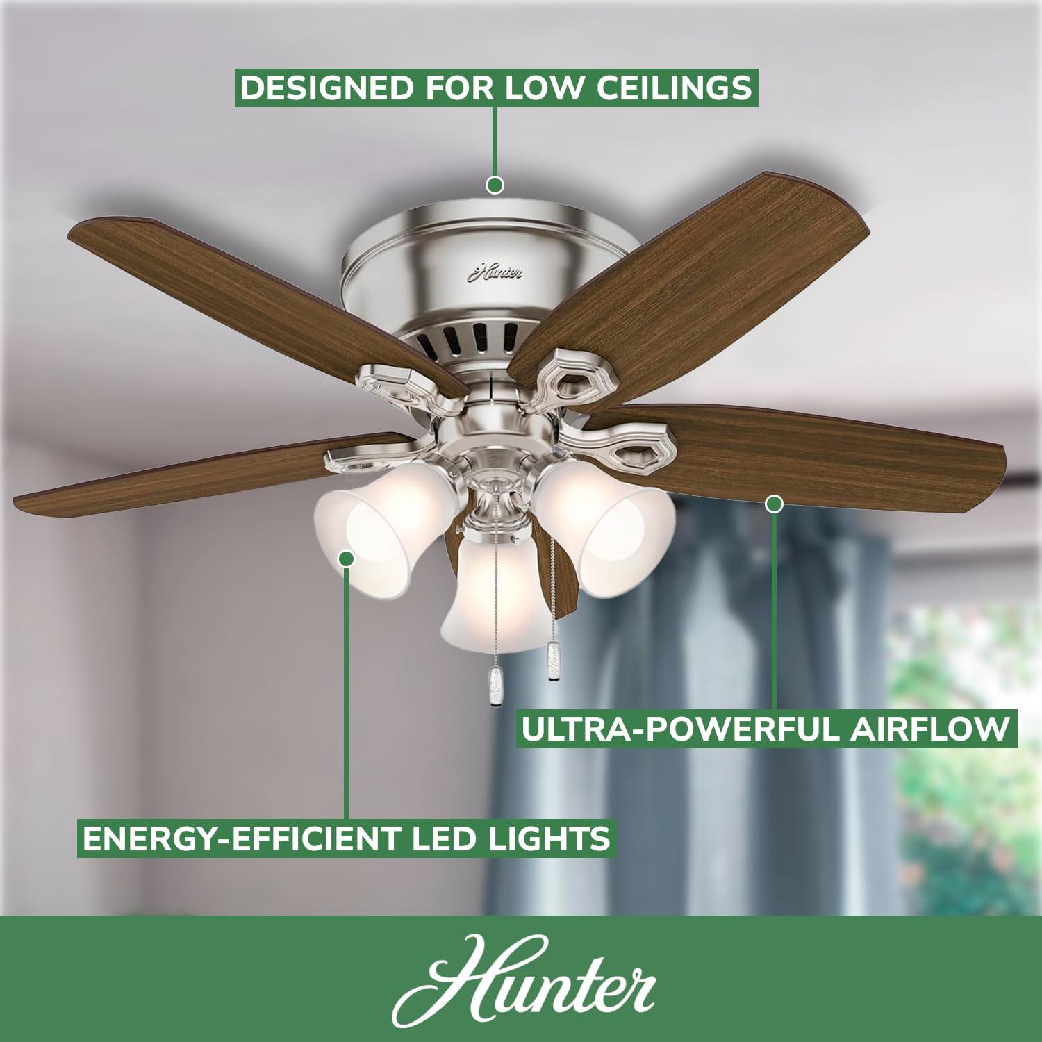 42" Builder Low Profile Ceiling Fan (Includes LED Light Bulb) White - Hunter Fan: 5-Blade, Reversible Motor, Flush Mount
