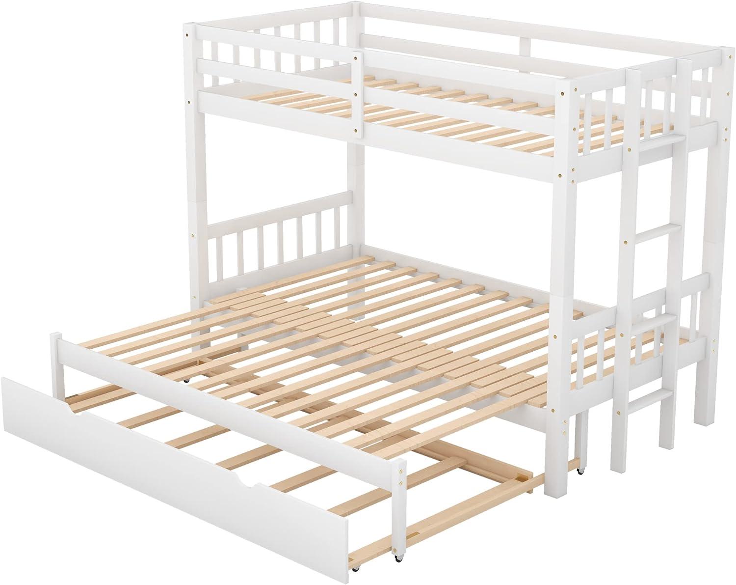 DreamBuck, Twin over Pull-out Bunk Bed with Trundle, Solid Wood Twin Over Twin/King Bunk Bed, Extendable Bunk Beds with Ladder and Safety Rail, Thicken Wooden Bunkbed, Accommodate 4 People, White