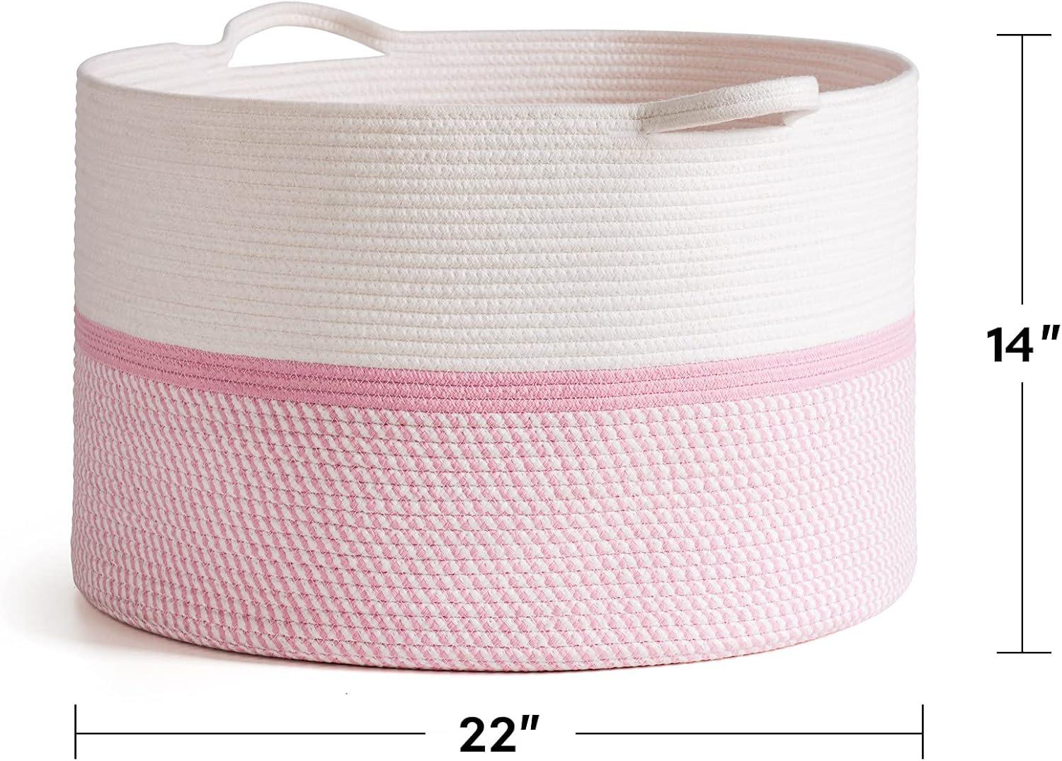 Extra Large Pink and White Cotton Rope Basket with Handles