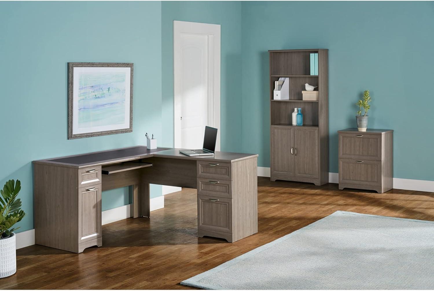 Modern Gray L-Shaped Corner Computer Desk with Keyboard Tray and Drawers