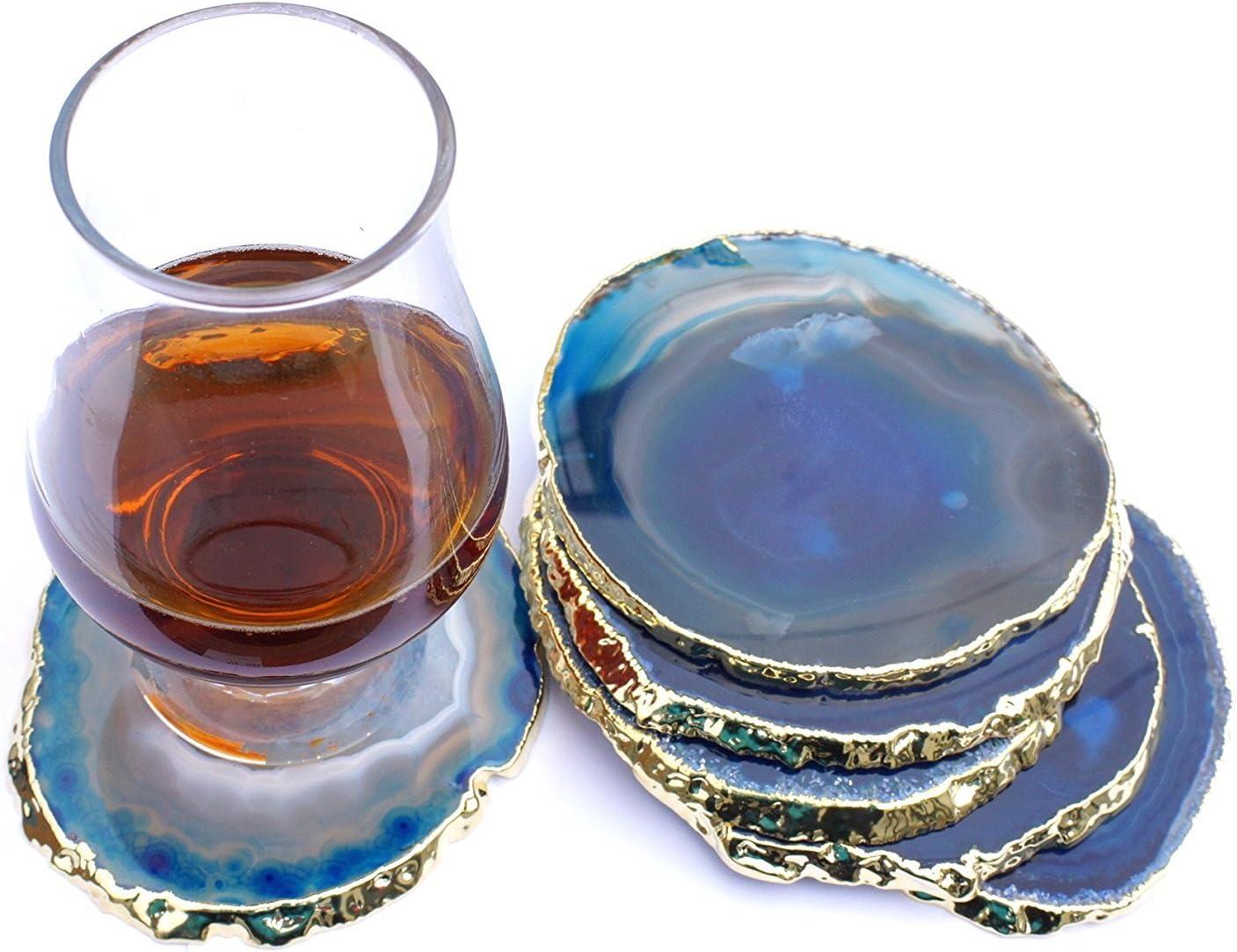 Set of 4 Blue Agate Stone Coasters with Gold Edges