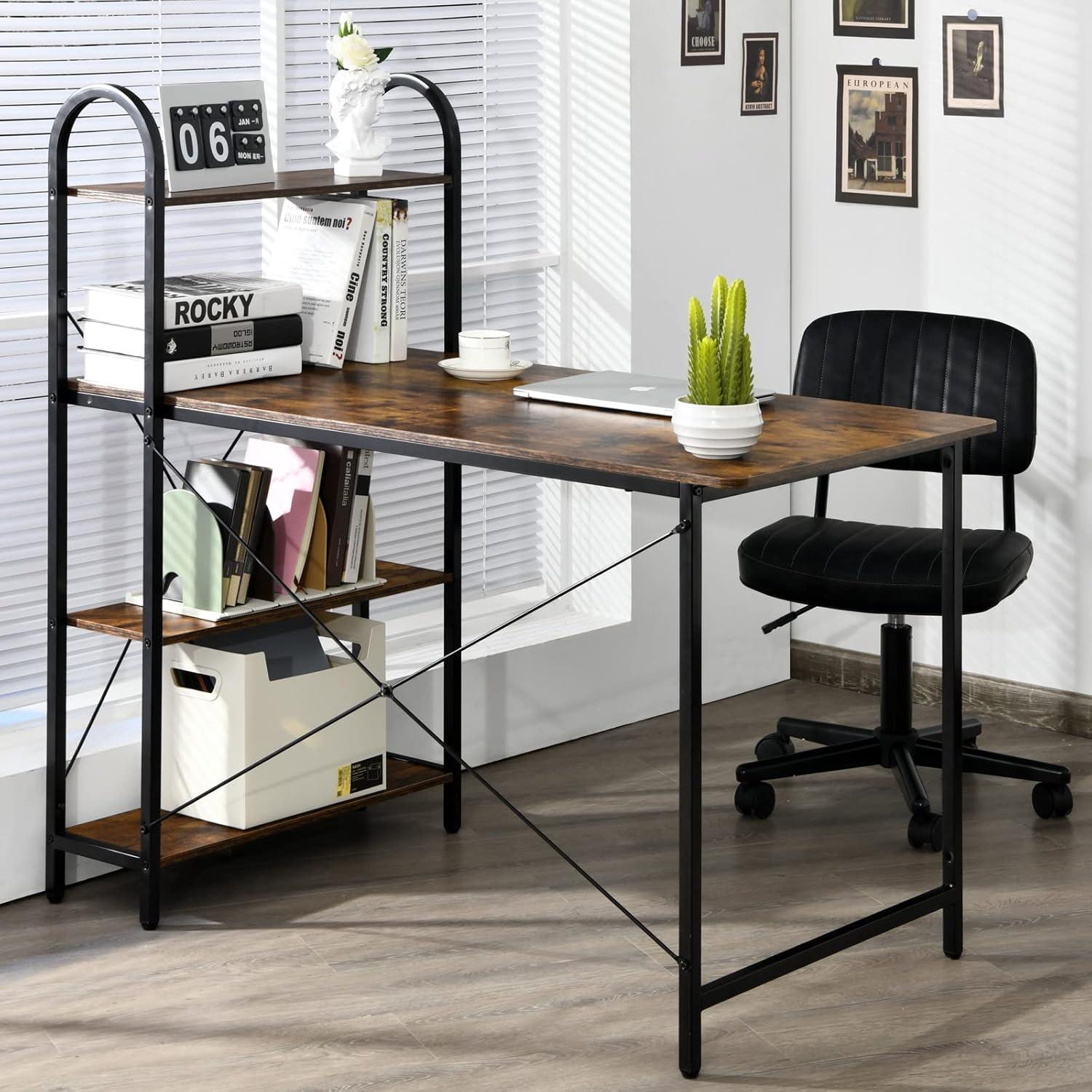 Costway 48'' Reversible Computer Desk Writing Workstation w/ Storage Shelf Rustic Brown