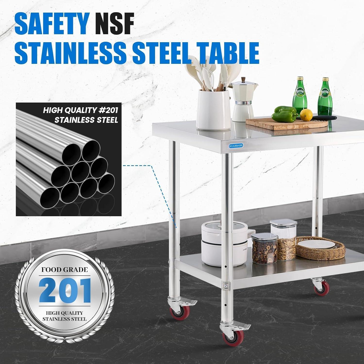 36-Inch Stainless Steel Kitchen Prep Table with Undershelf and Casters