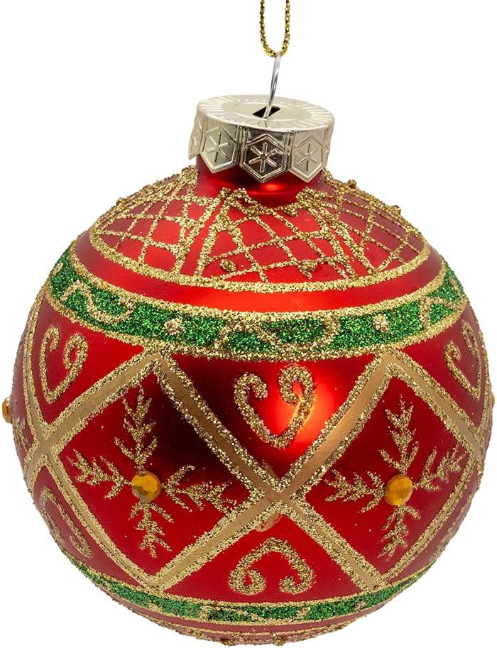 Kurt S. Adler  6 Piece 80 mm Glass Red with Green & Gold Design Ball Ornament Set