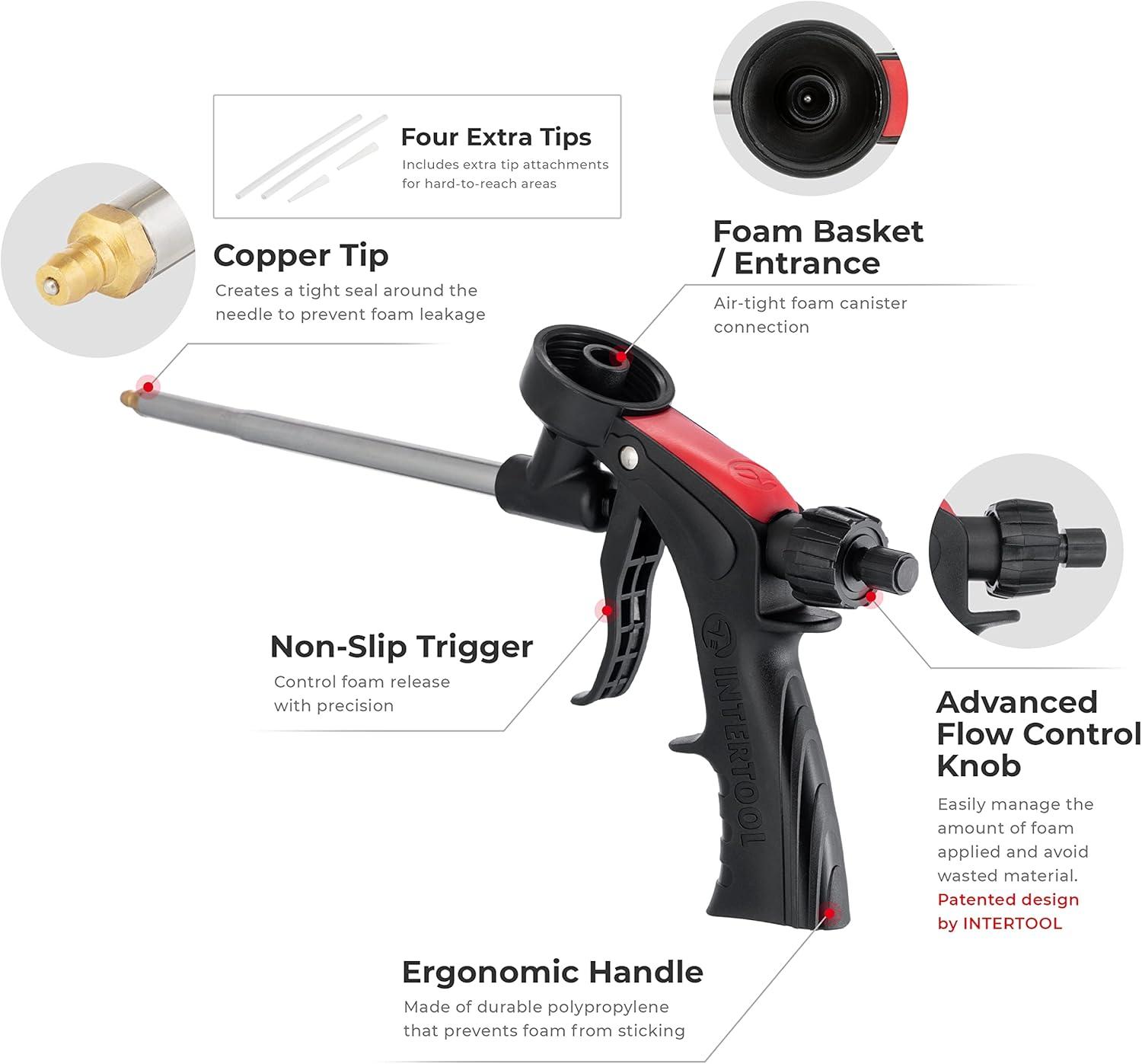 INTERTOOL Spray Foam Gun, Professional Expanding Insulation, Sealant Applicator, Lightweight Plastic Body, Advanced Flow Control Knob for Accurate Control PT08-0608