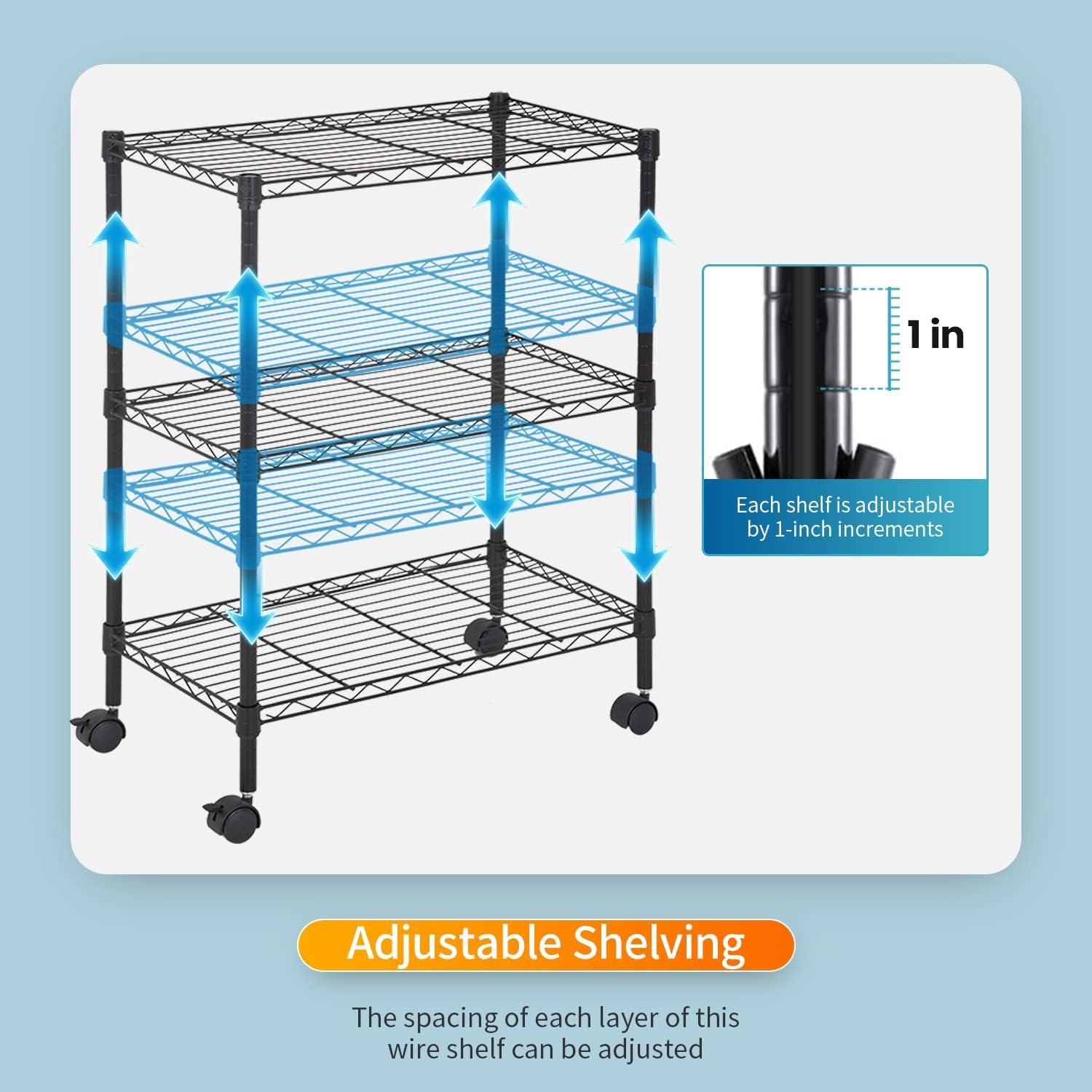 BestOffice 3-Shelf Steel Wire Tier Layer Shelving 23L x 13W x 32H Shelves with Wheels,Black