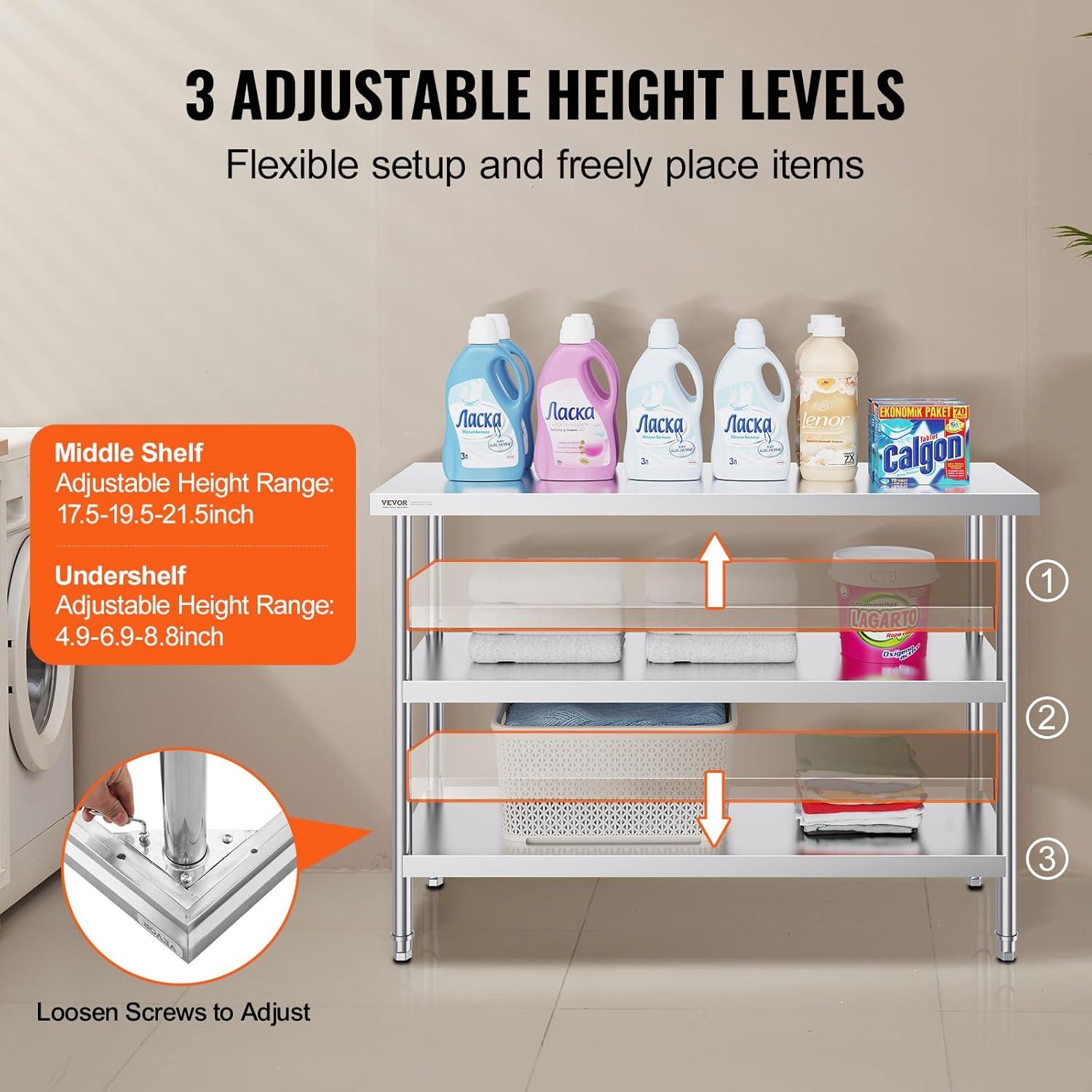 VEVOR VEVOR Stainless Steel Food Prep Table, Commercial Kitchen Worktable