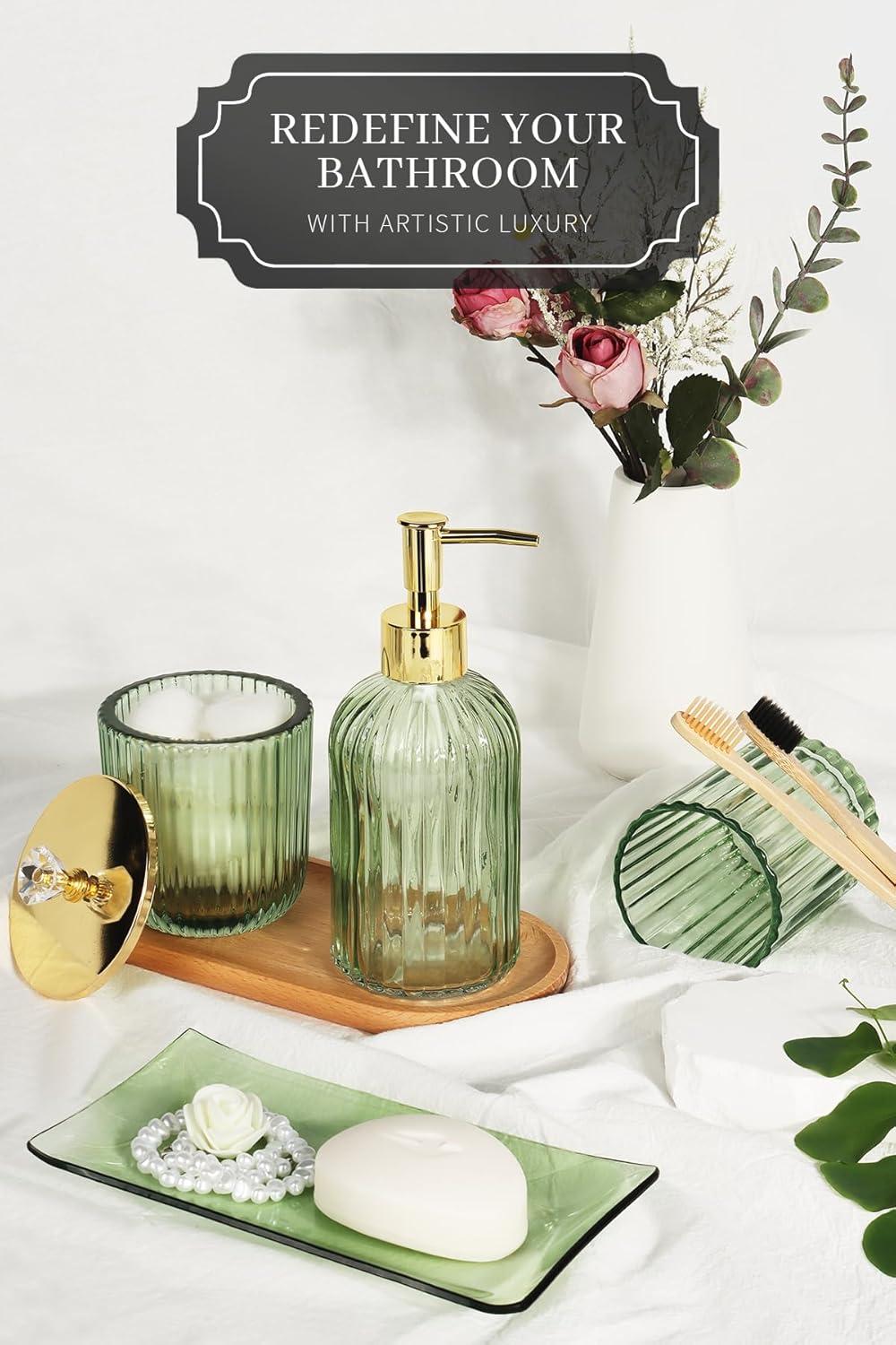 Green Glass Bathroom Accessories Set with Gold Accents, 4 Pieces