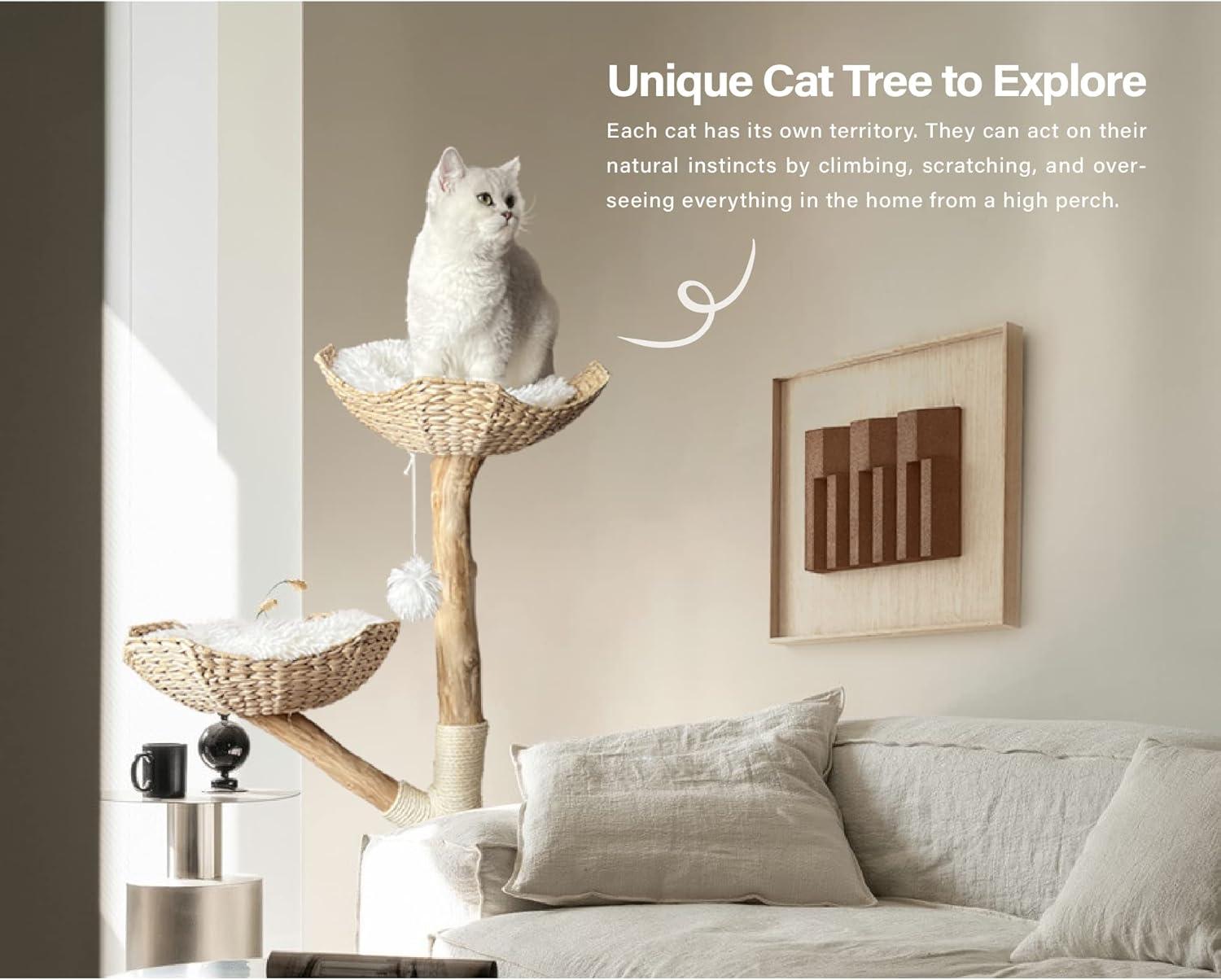 Injollylives Modern Cat Tree Tower, Wooden Cat Tower, Heavy Duty Cat Trees for Large Cats, Unique Handmade Aesthetic Cat Tree with Real Wood Branches, Luxury Boho Cat Furniture, Large