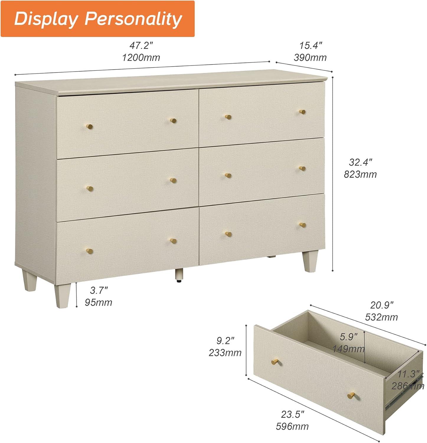 WAMPAT Dresser with 6 Drawers for Bedroom, Modern Wood Wide Double Dressers with Chest of Drawers, Beige