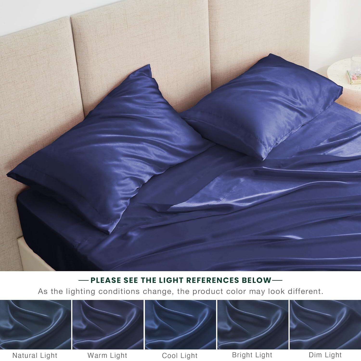 Satin Bed Sheets Full Size Sheet Sets, Navy Blue Silk Sheets, 4 - Pieces Soft Bedding Set with 1 Deep Pocket Fitted Sheet,1 Flat Sheet,2 Pillowcase
