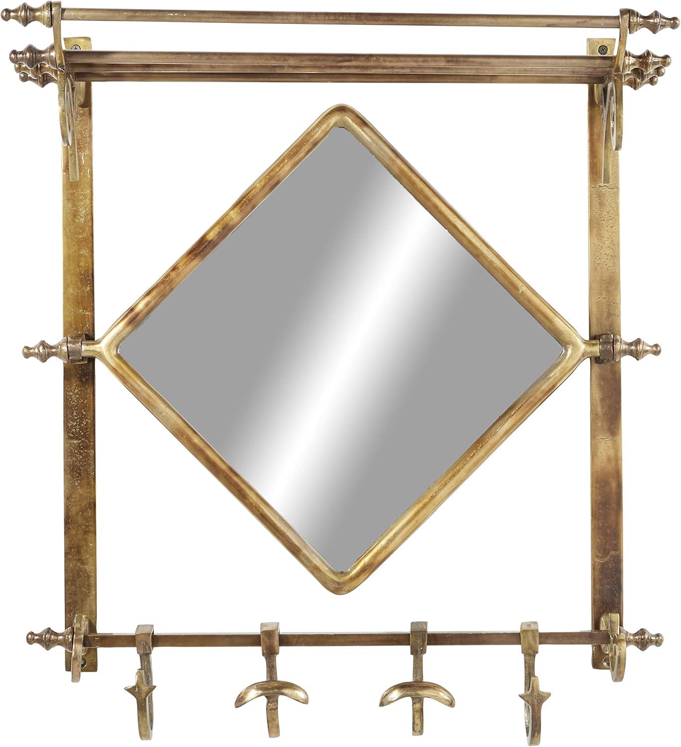 25" x 28" Bathroom Wall Rack with Hooks and Mirror Brass - Olivia & May