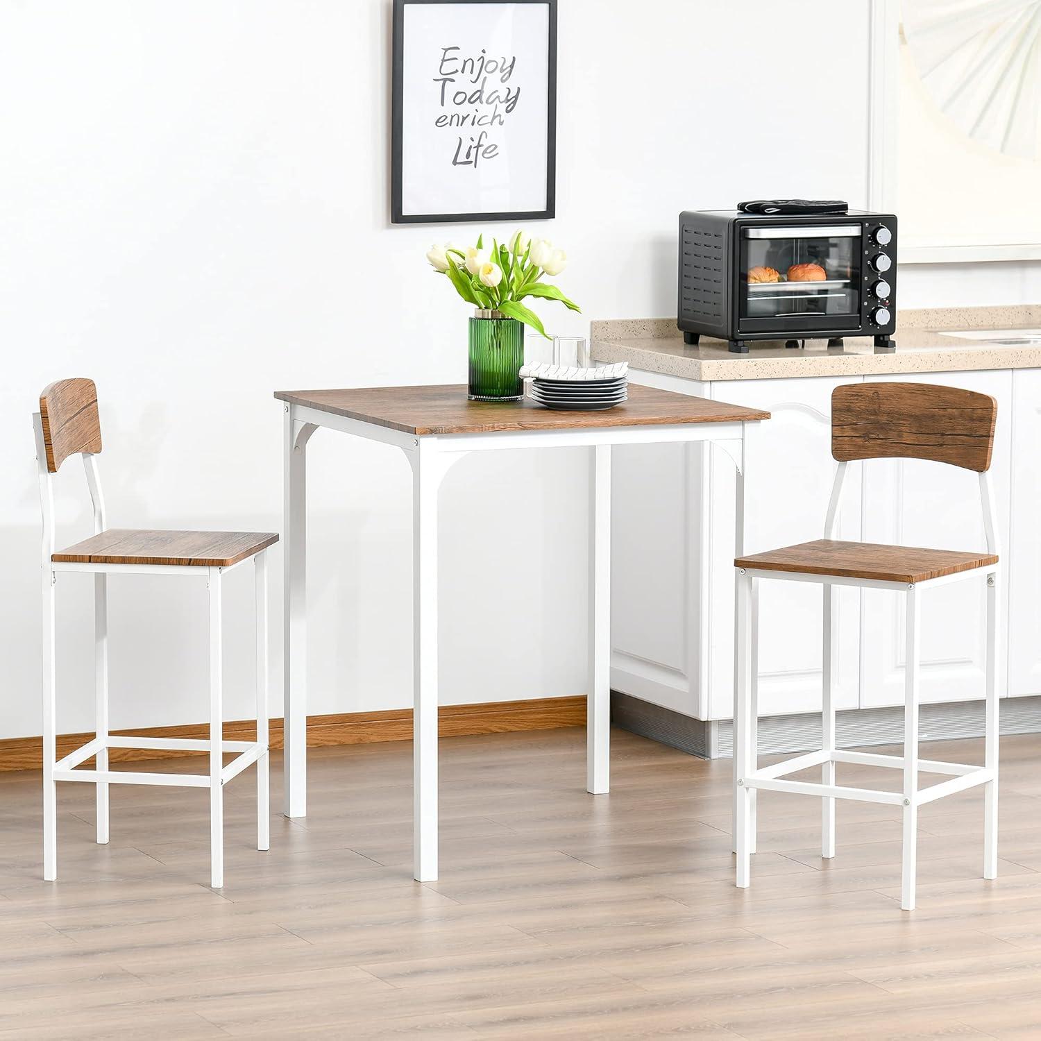 HOMCOM 3 Piece Bar Table and Chairs Set, Industrial Small Dining Table Set for 2, Square Kitchen Table and Stools, Walnut and White