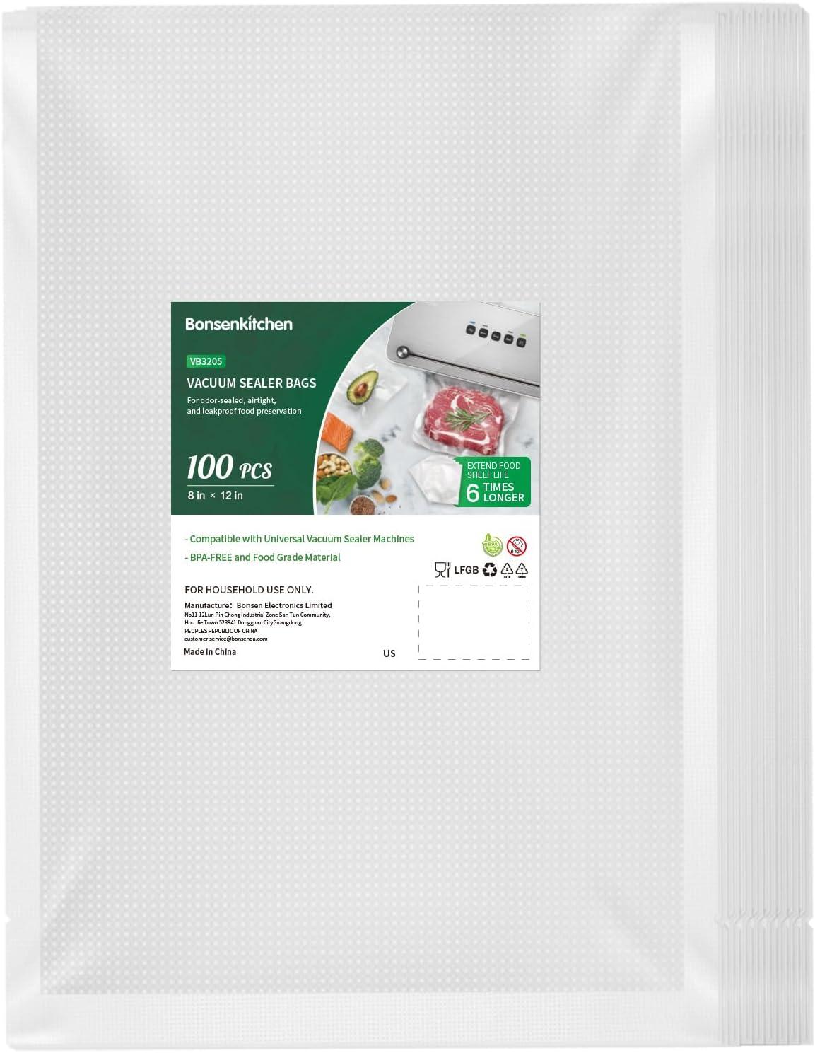 Bonsenkitchen Precut Vacuum Food Sealer Bags 100 Quart 8" x 12", BPA Free, Commercial Grade Textured,Thick Embossed Bags,Storage and Sous Vide Cooking