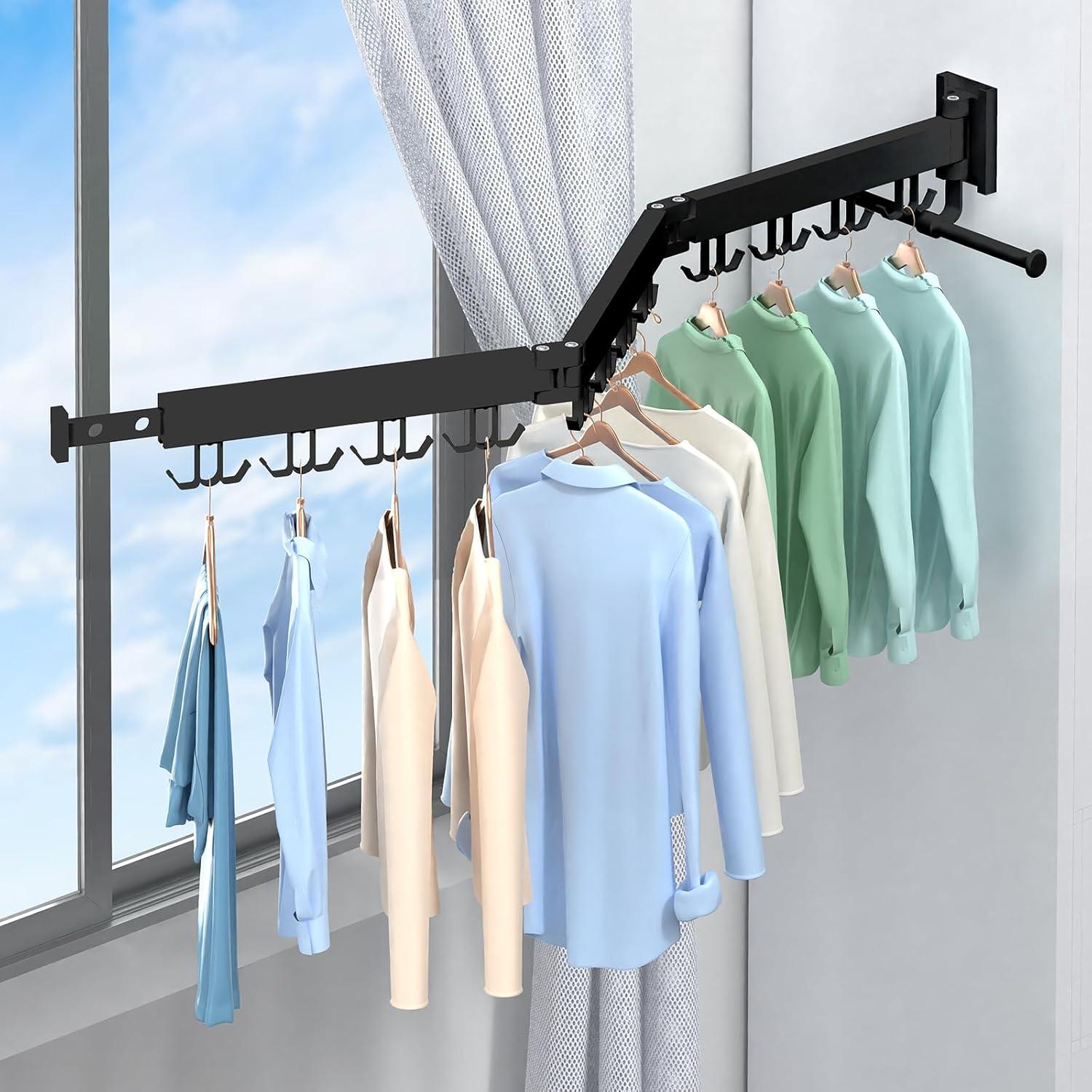 Wall Mounted Laundry Rack, Space Saver,Retractable,Collapsible(Tri-Fold), for Bathroom, Ring Type Hooks,Black Color