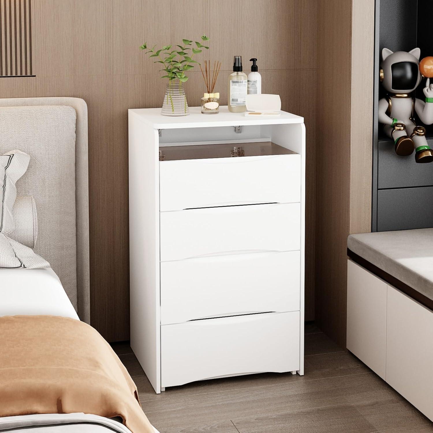 Joqixon Vanity Desk with Flip Top Mirror and Lights, Makeup Vanity Set with Glass Shelf, Space Saving Dressing Table with 3 Drawers & Cushion Stool for Bedroom, White