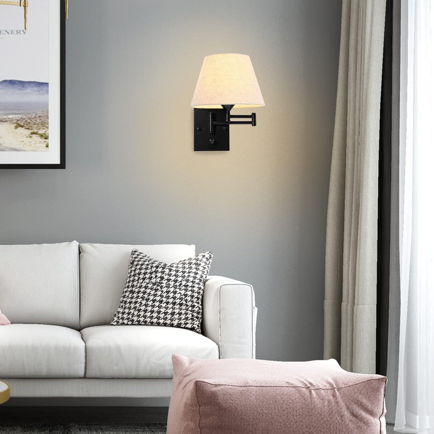 Black Metal Swing Arm Wall Sconce with White Fabric Shade