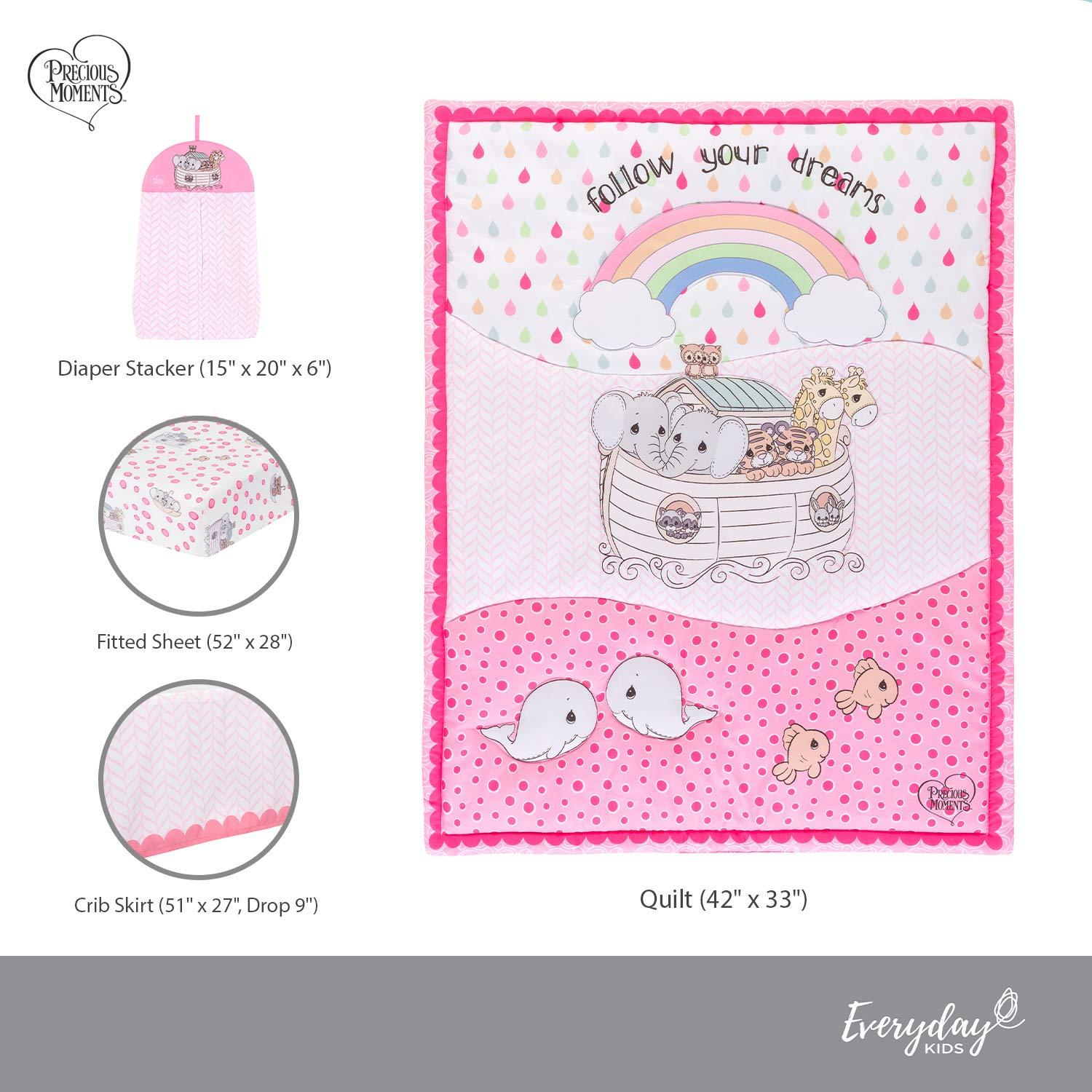 Everyday Kids Noah’s Ark 4-Piece Crib Bedding Set for Girls – Includes Quilt, Fitted Sheet, Dust Ruffle & Diaper Stacker with Animal Prints