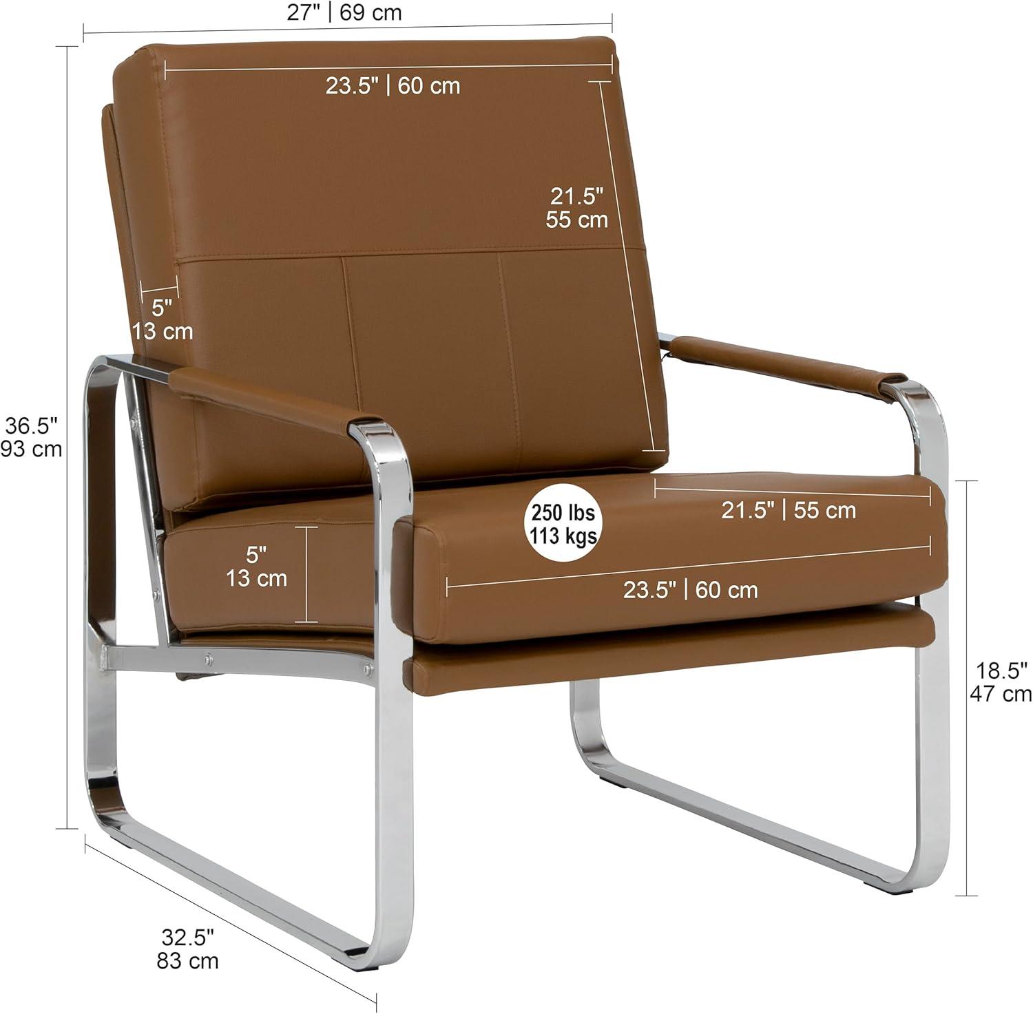 Caramel Brown Leather Reclining Accent Chair with Chrome Frame