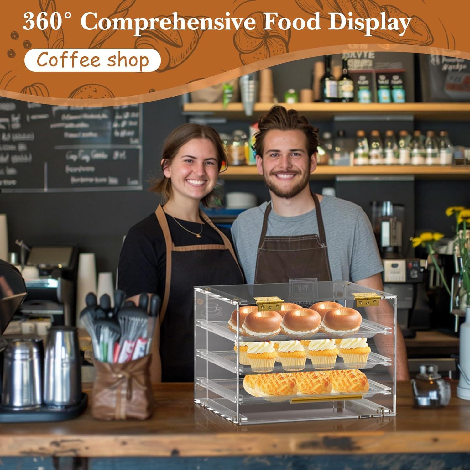 Bakery Display Case Countertop,3 Tray Pastry Display Case with Serving Tong Commercial Clear Acrylic Bread Box Display Case with Front Door for Cookie Food Donut Deseert Cupcake Bagels Cake