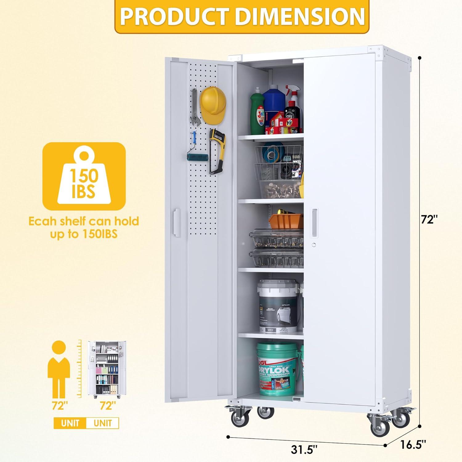 Aobabo Metal Storage Cabinet with Wheels & Pegboards,Office Storage Cabinet with Lock & Shelves,72'' H Steel Garage Cabinet for Office Home Storage,White Required-Assembly