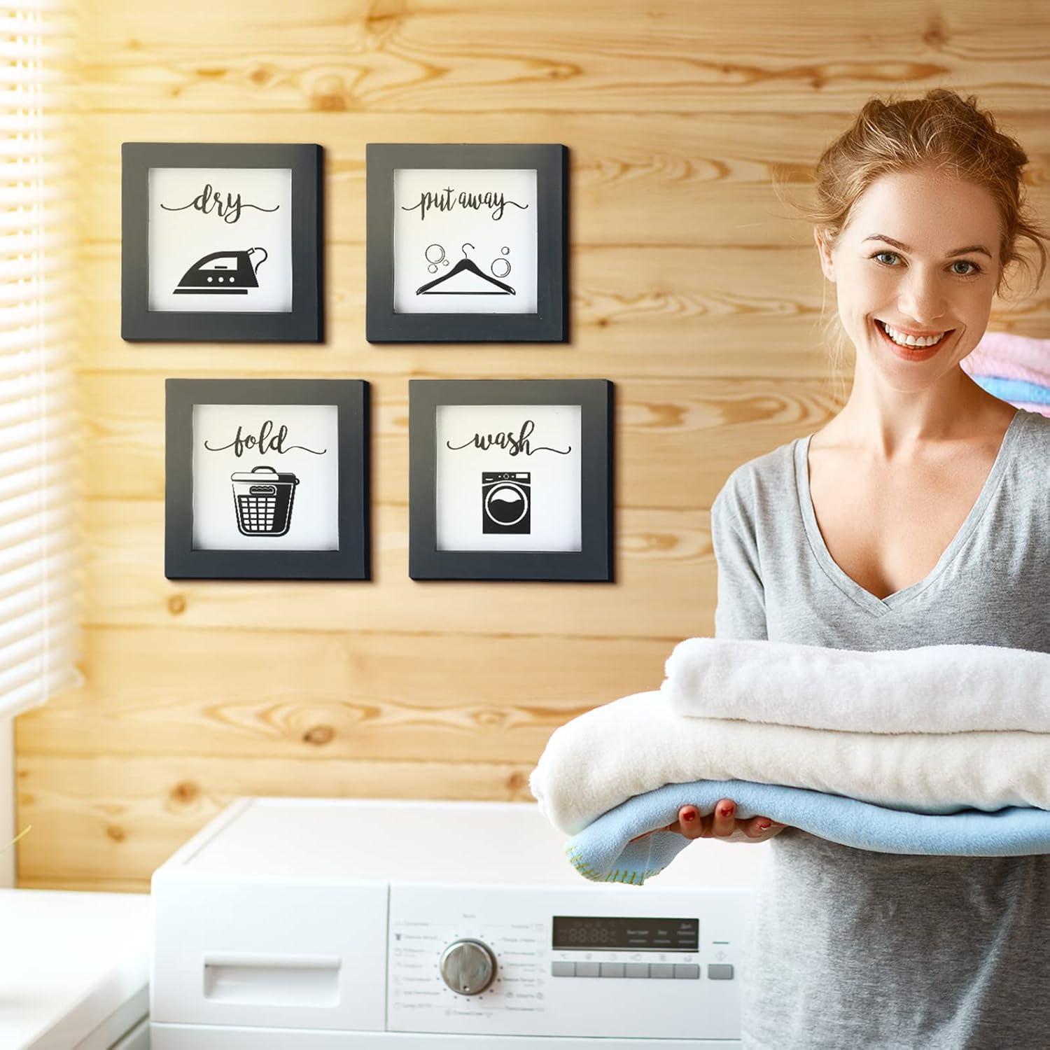 Bucherry Laundry Sign Set of HYZ01 4 Rustic Wood Wash Dry Fold Put Away Laundry Signs Wall Decor Wall Hanging Art Decor Wood Signs for Laundry Room Vintage Farmhouse Decorations for Home Supplies